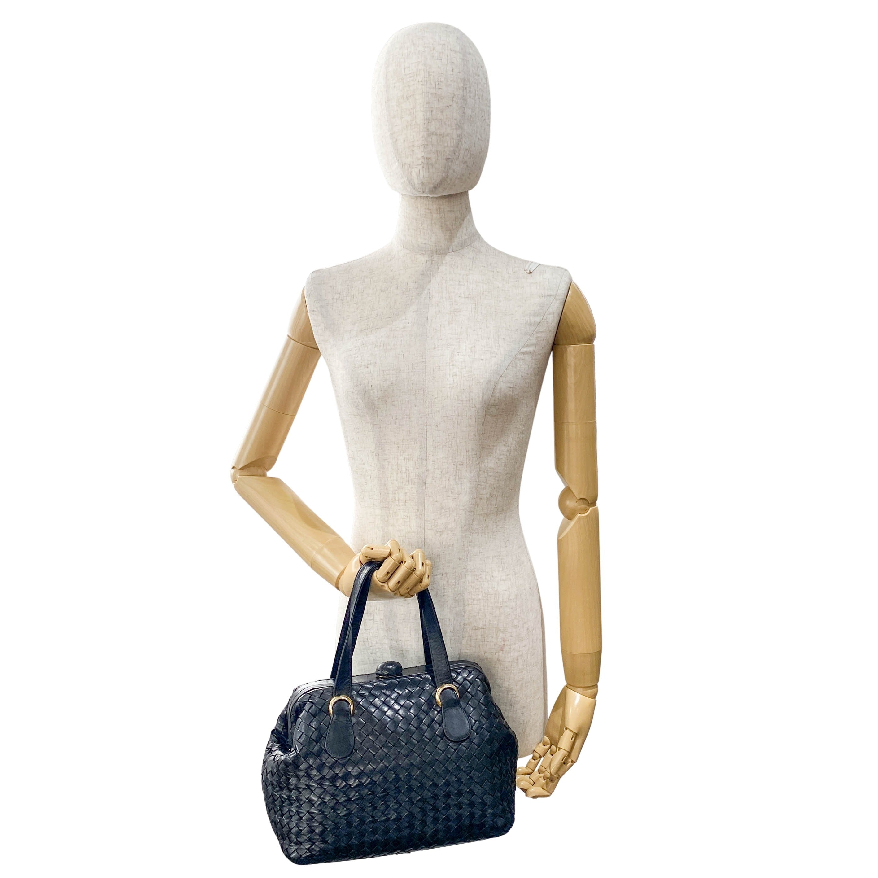 Intrecciato Black Leather Top Handle Bag