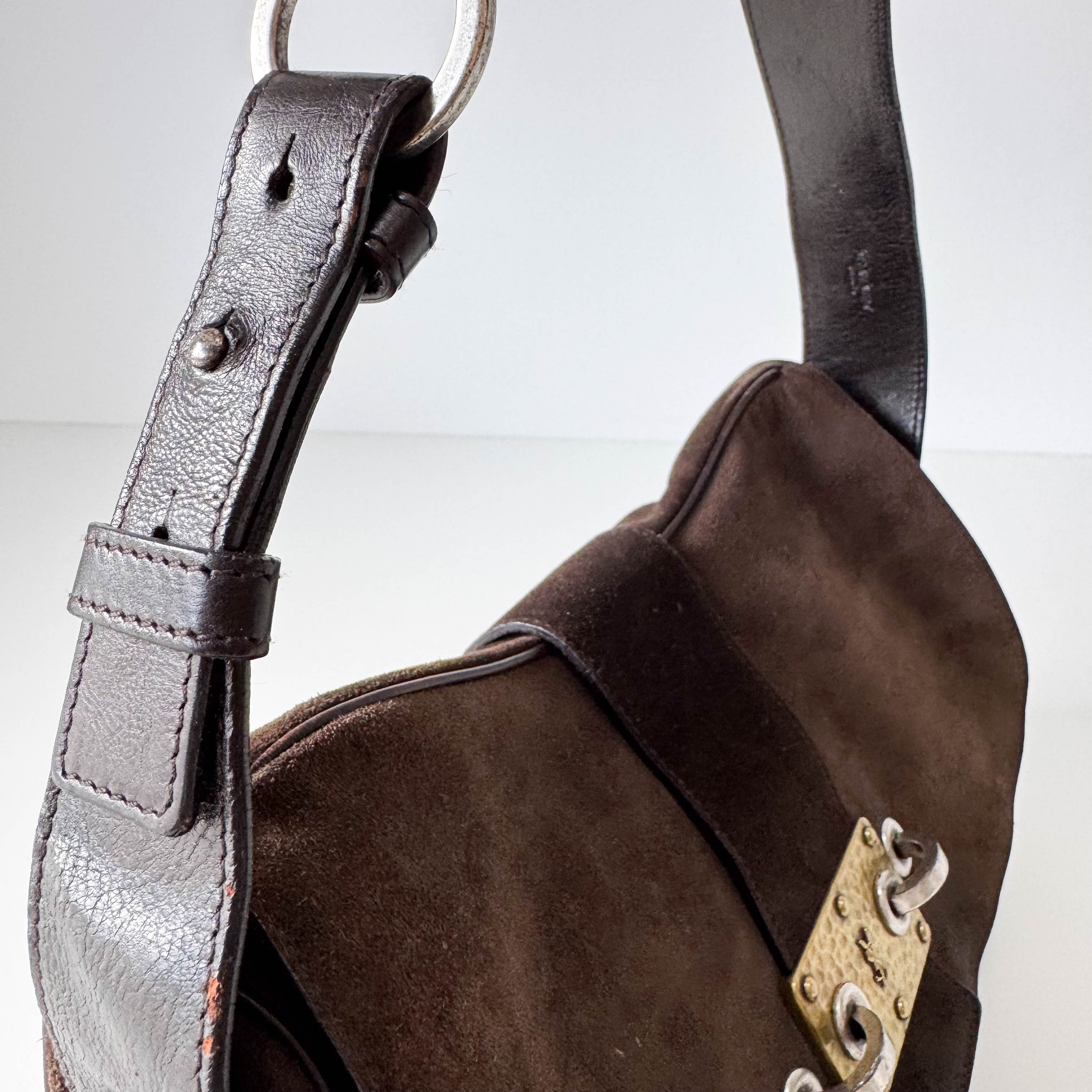 Brown Suede Gold and Silver Metal Plate Detail Bag