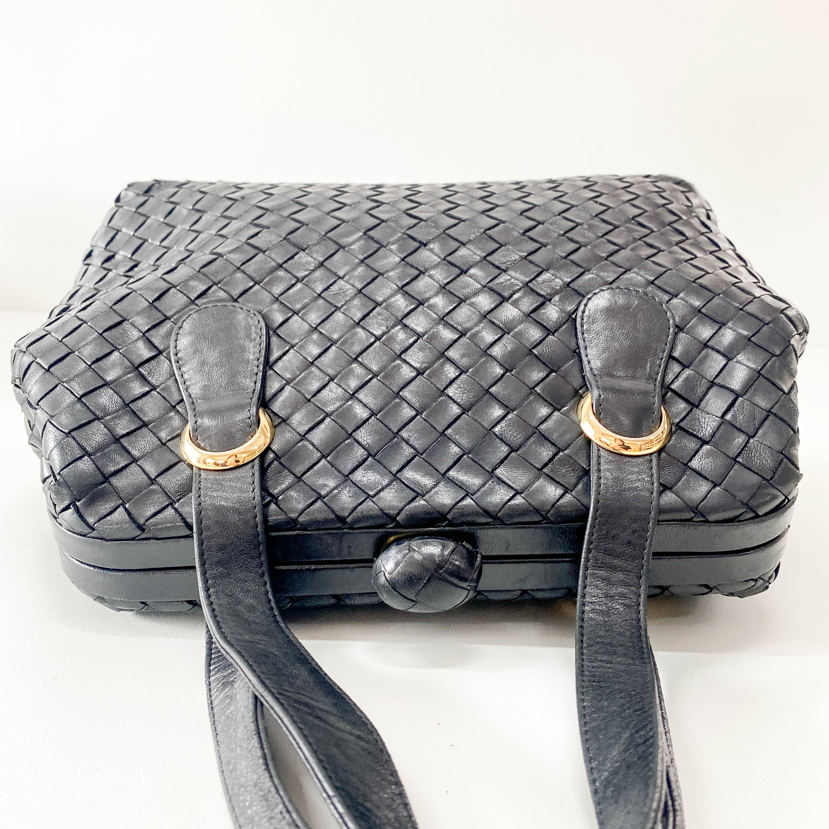 Intrecciato Black Leather Top Handle Bag