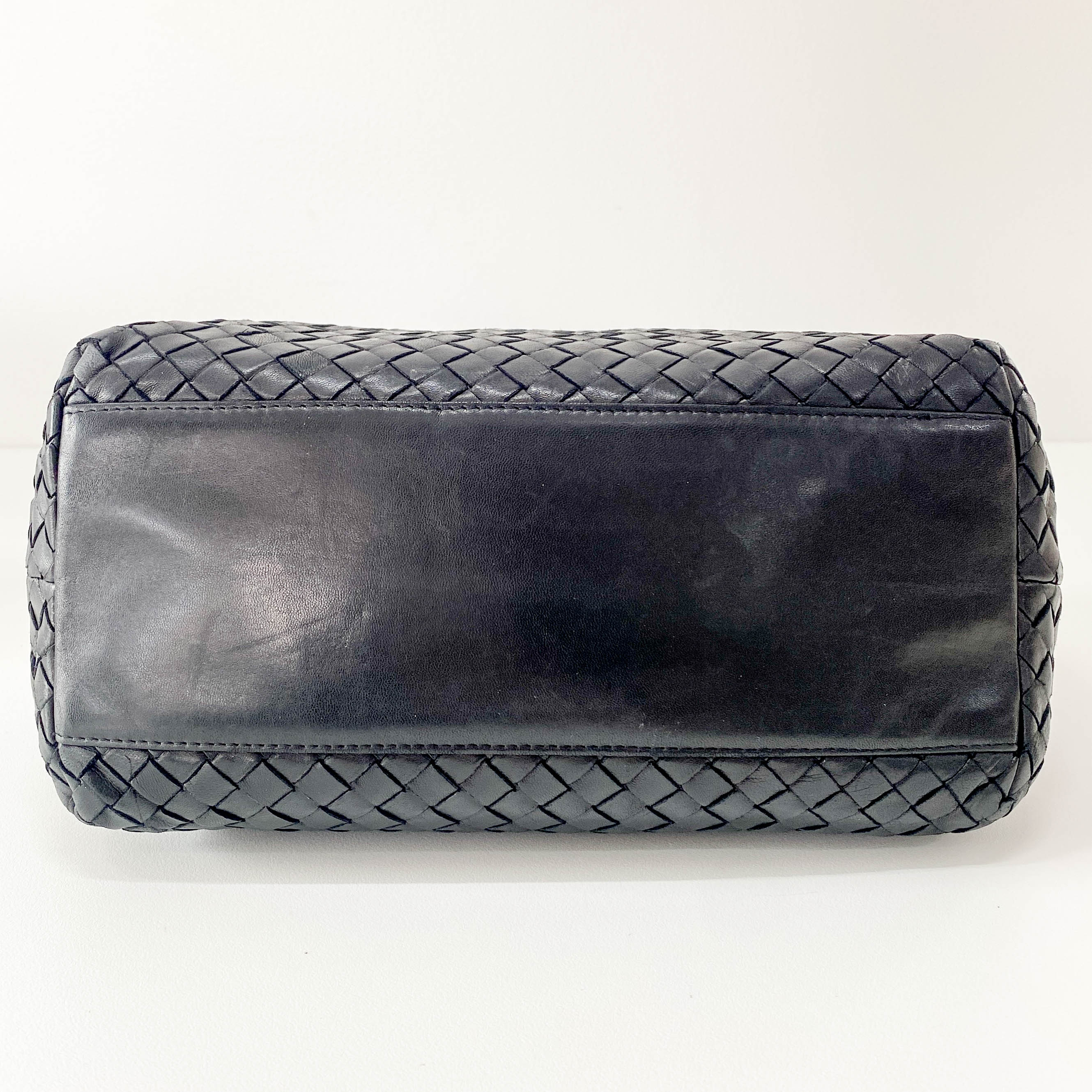 Intrecciato Black Leather Top Handle Bag