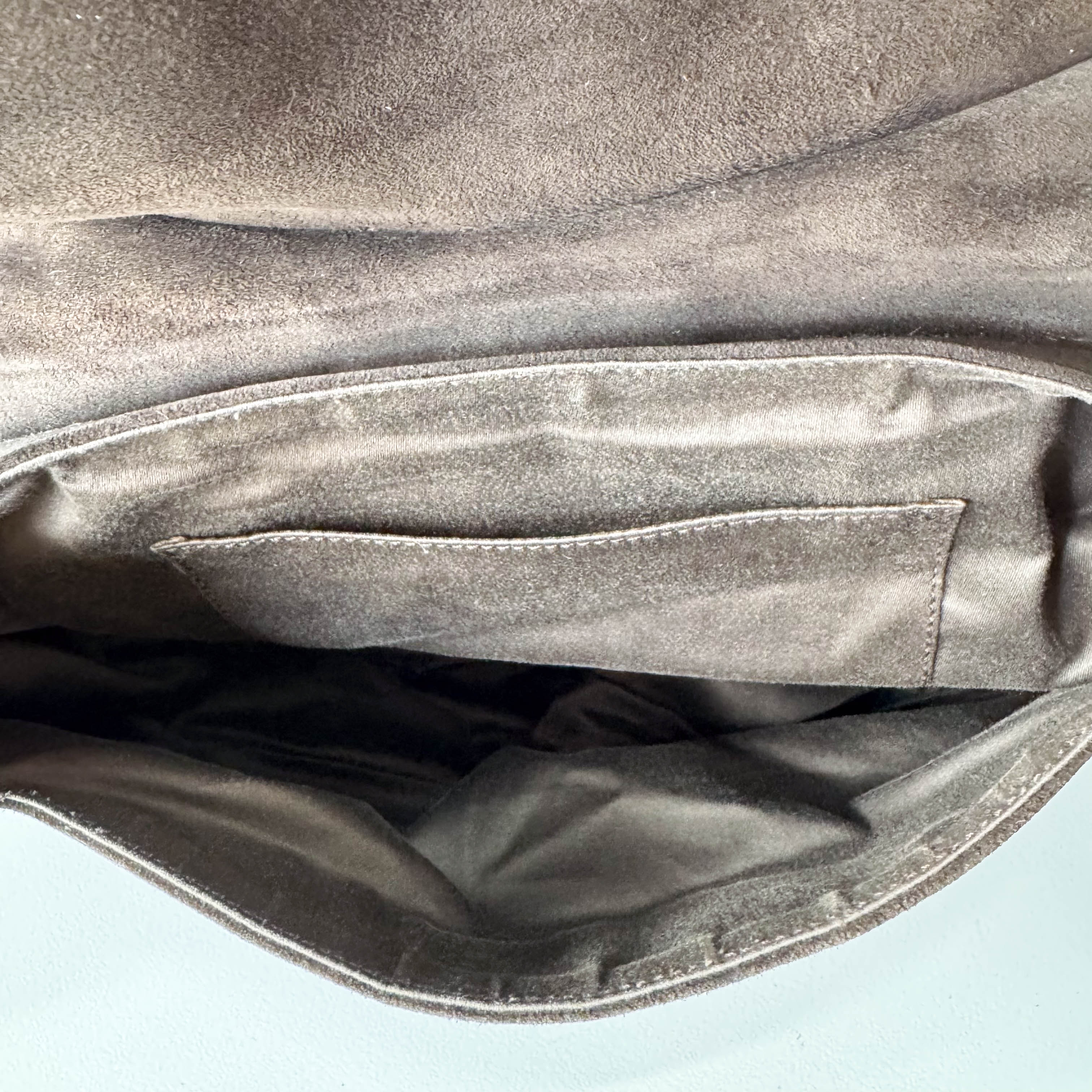 Brown Suede Gold and Silver Metal Plate Detail Bag