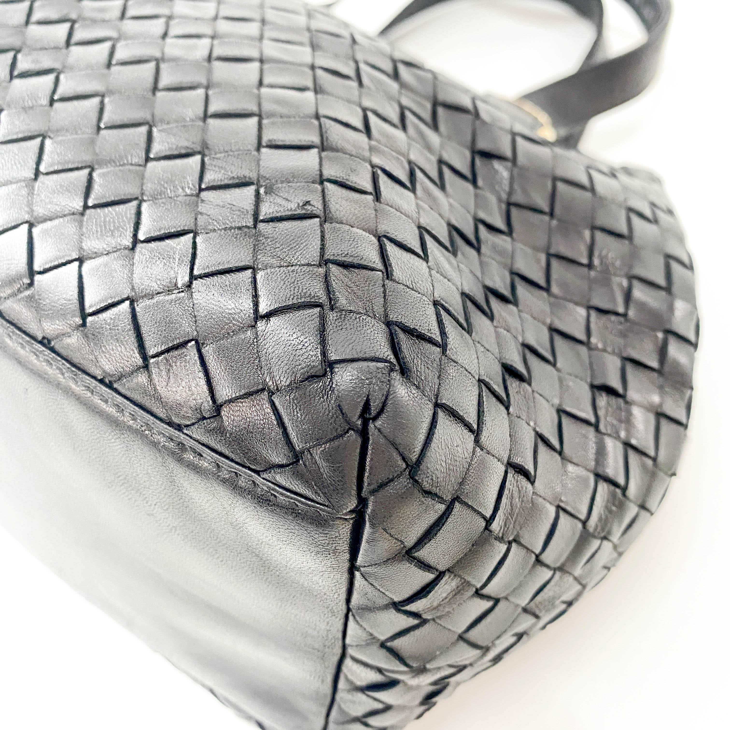 Intrecciato Black Leather Top Handle Bag