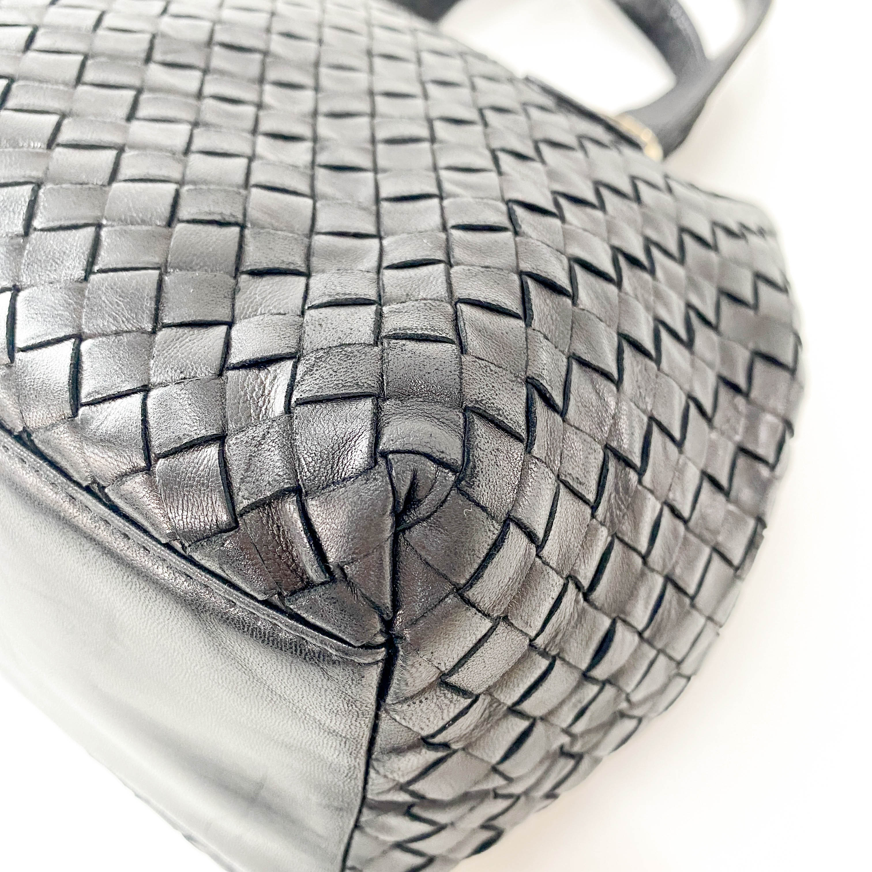 Intrecciato Black Leather Top Handle Bag