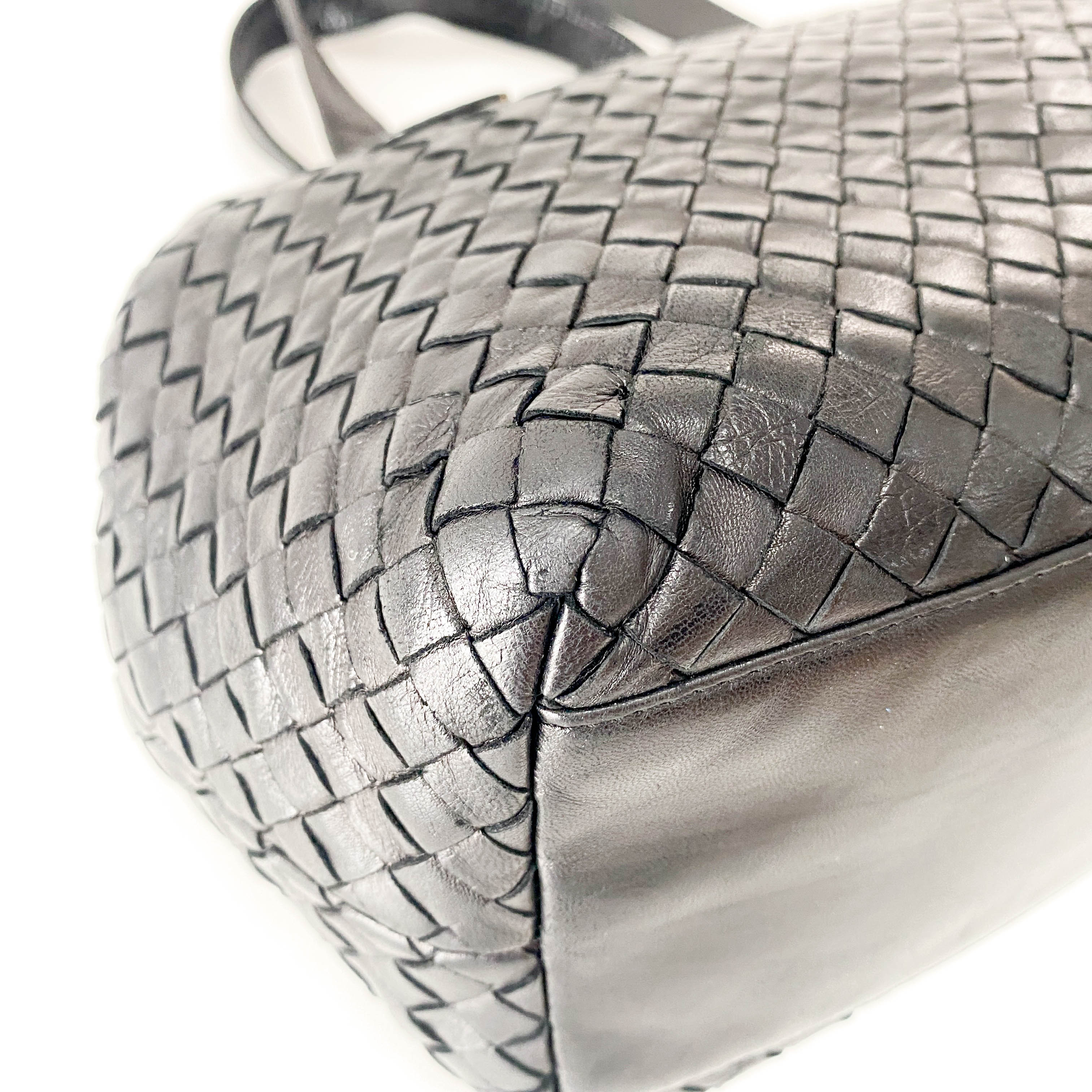 Intrecciato Black Leather Top Handle Bag