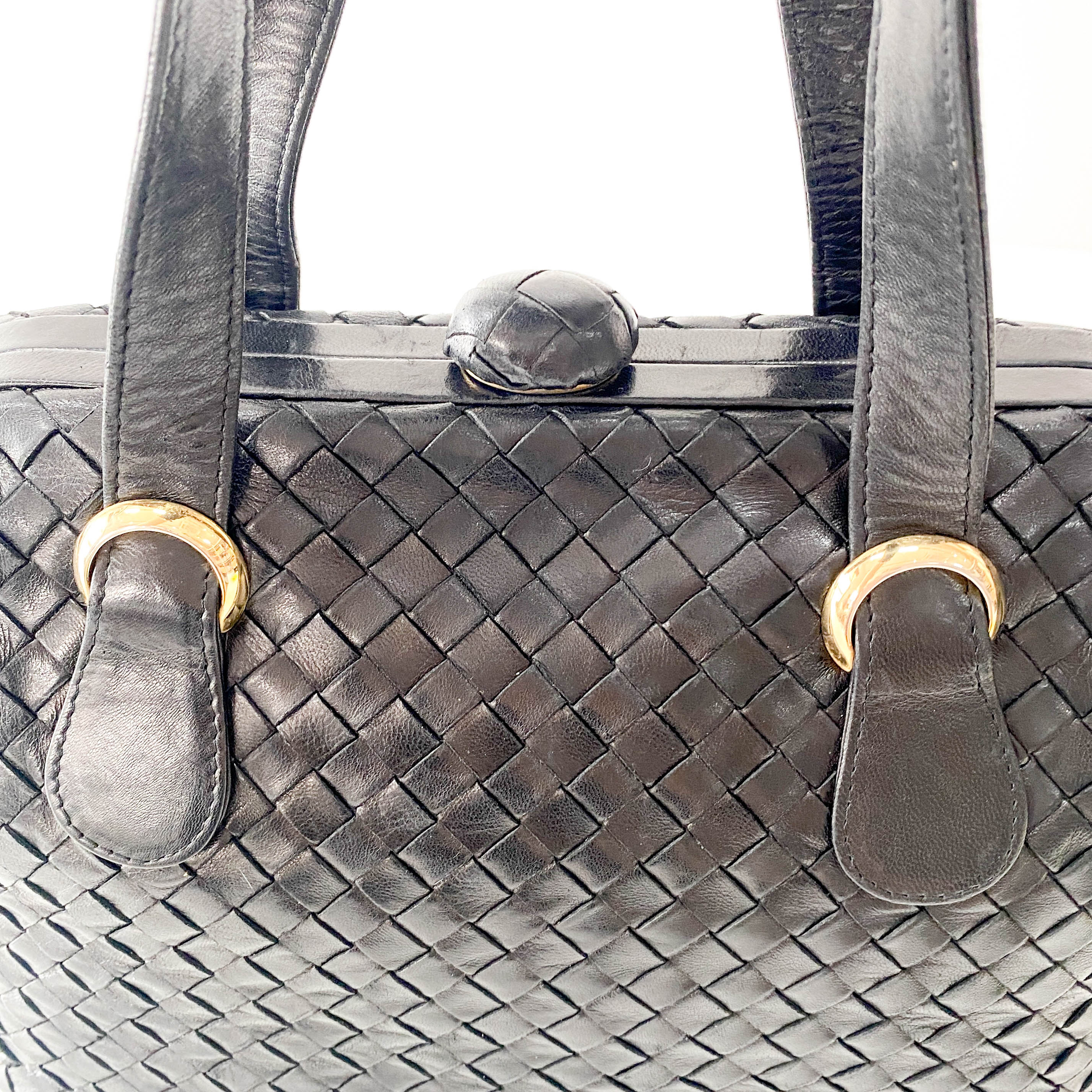Intrecciato Black Leather Top Handle Bag