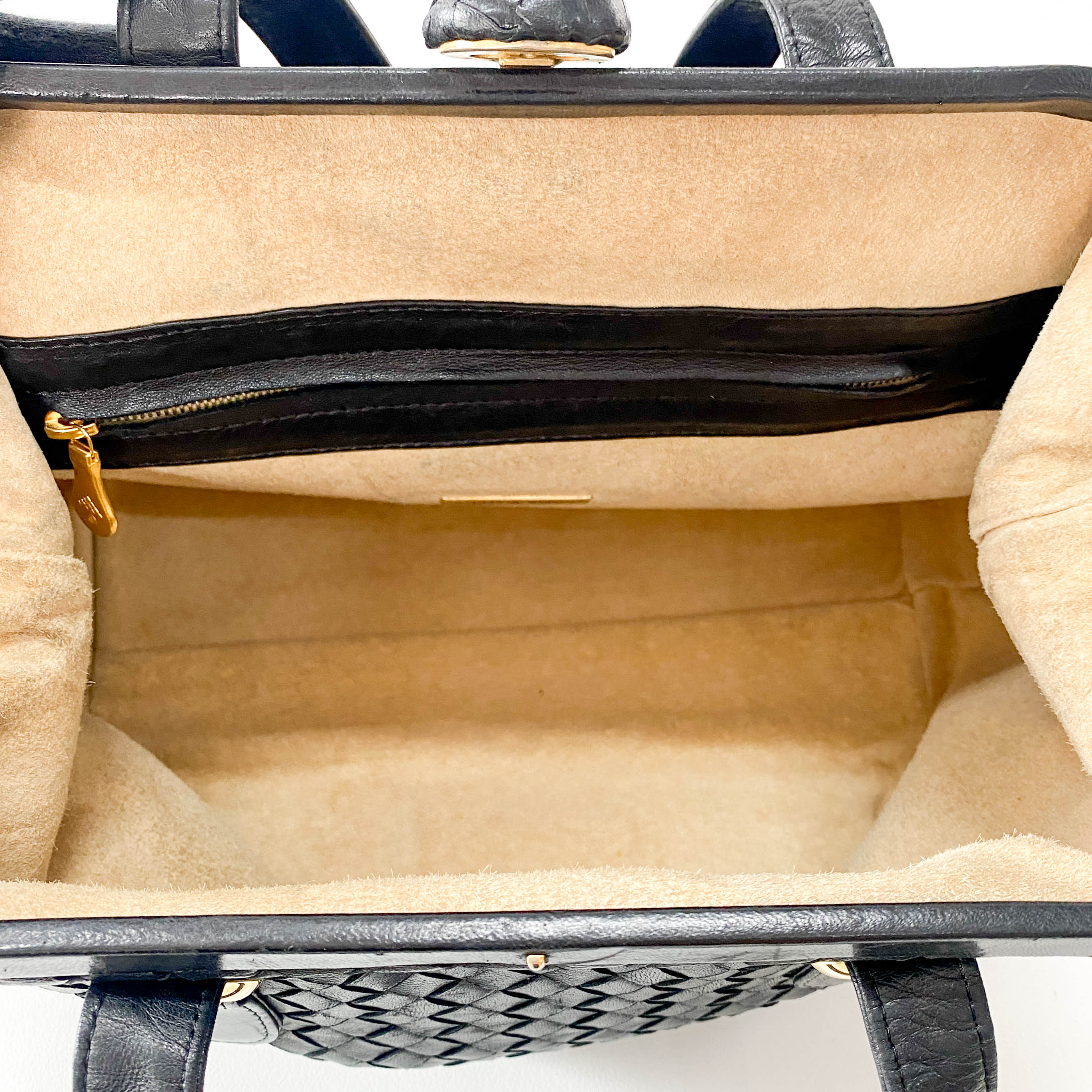 Intrecciato Black Leather Top Handle Bag