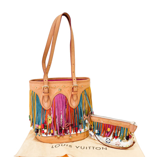 Fringe Monogram Multicololor Bucket Bag