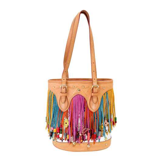 Fringe Monogram Multicololor Bucket Bag