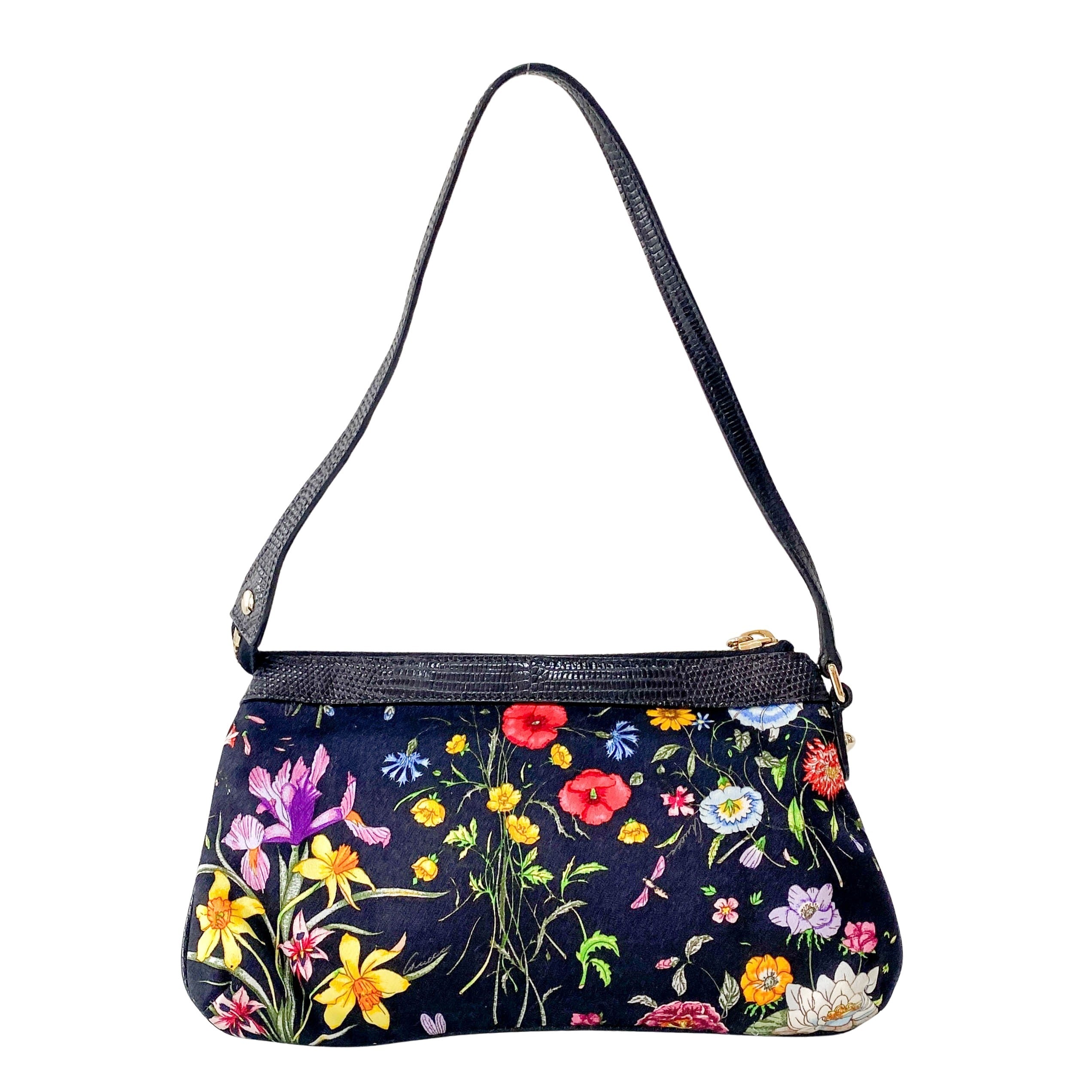 Black Satin with Floral Print Shoulder Bag