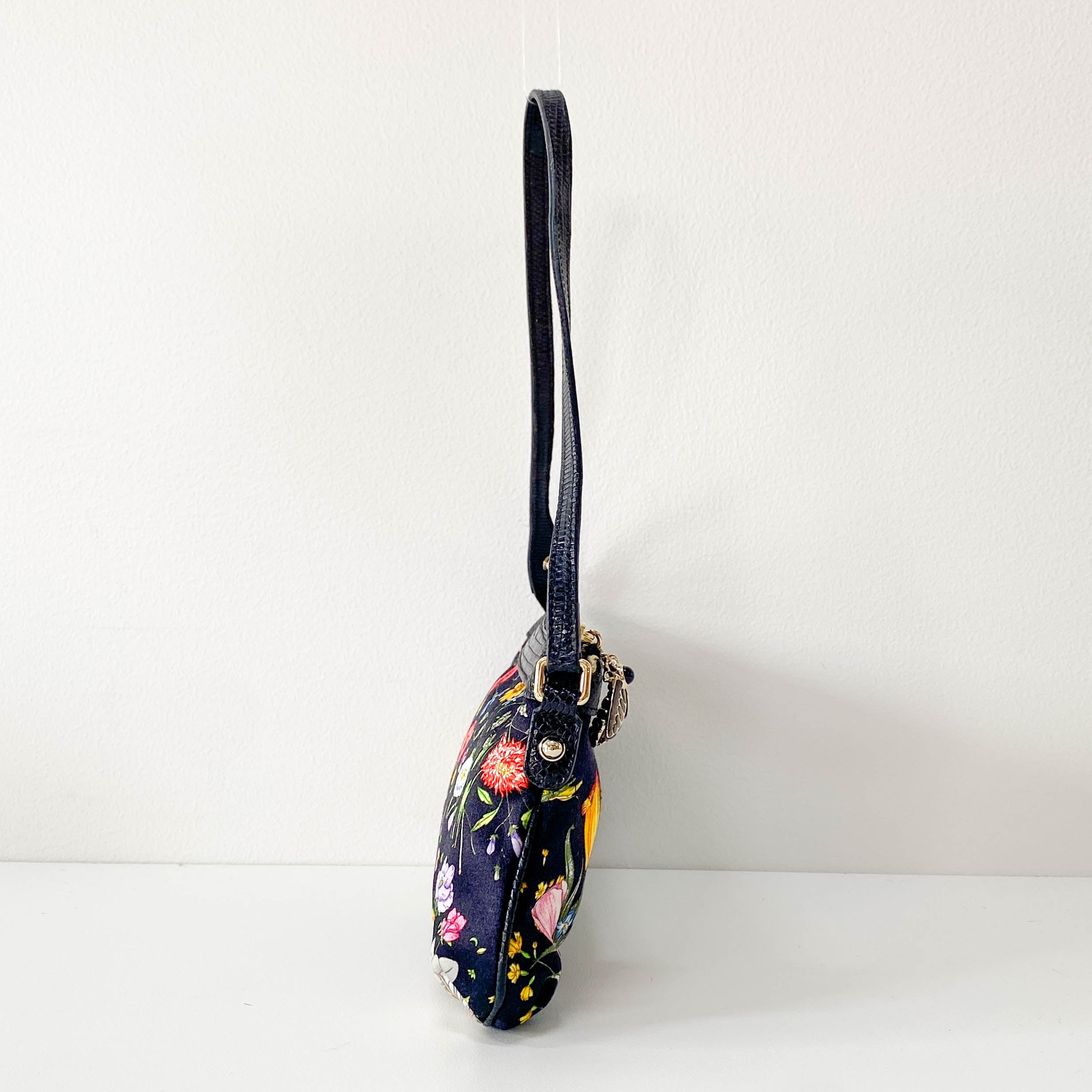 Black Satin with Floral Print Shoulder Bag