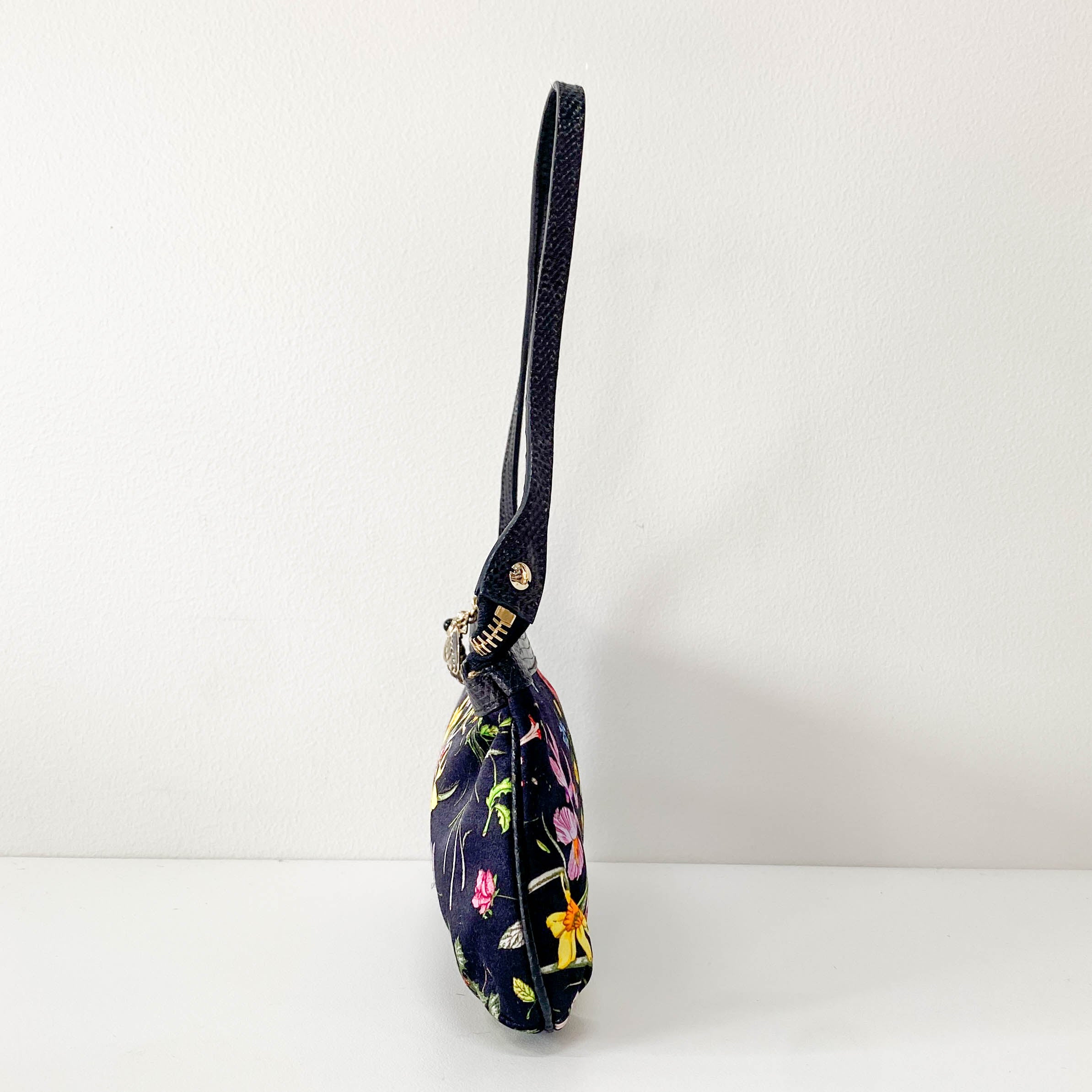 Black Satin with Floral Print Shoulder Bag