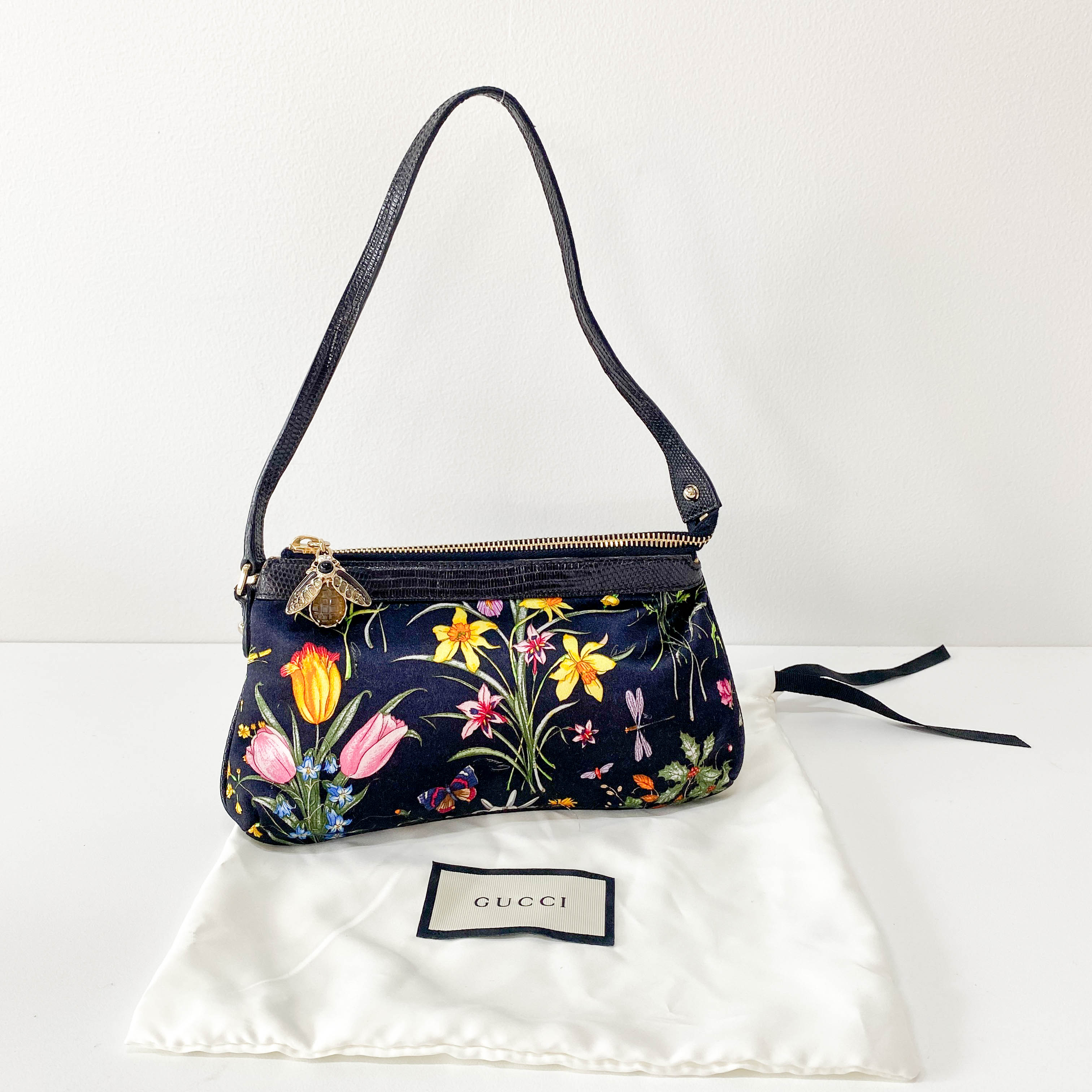 Black Satin with Floral Print Shoulder Bag