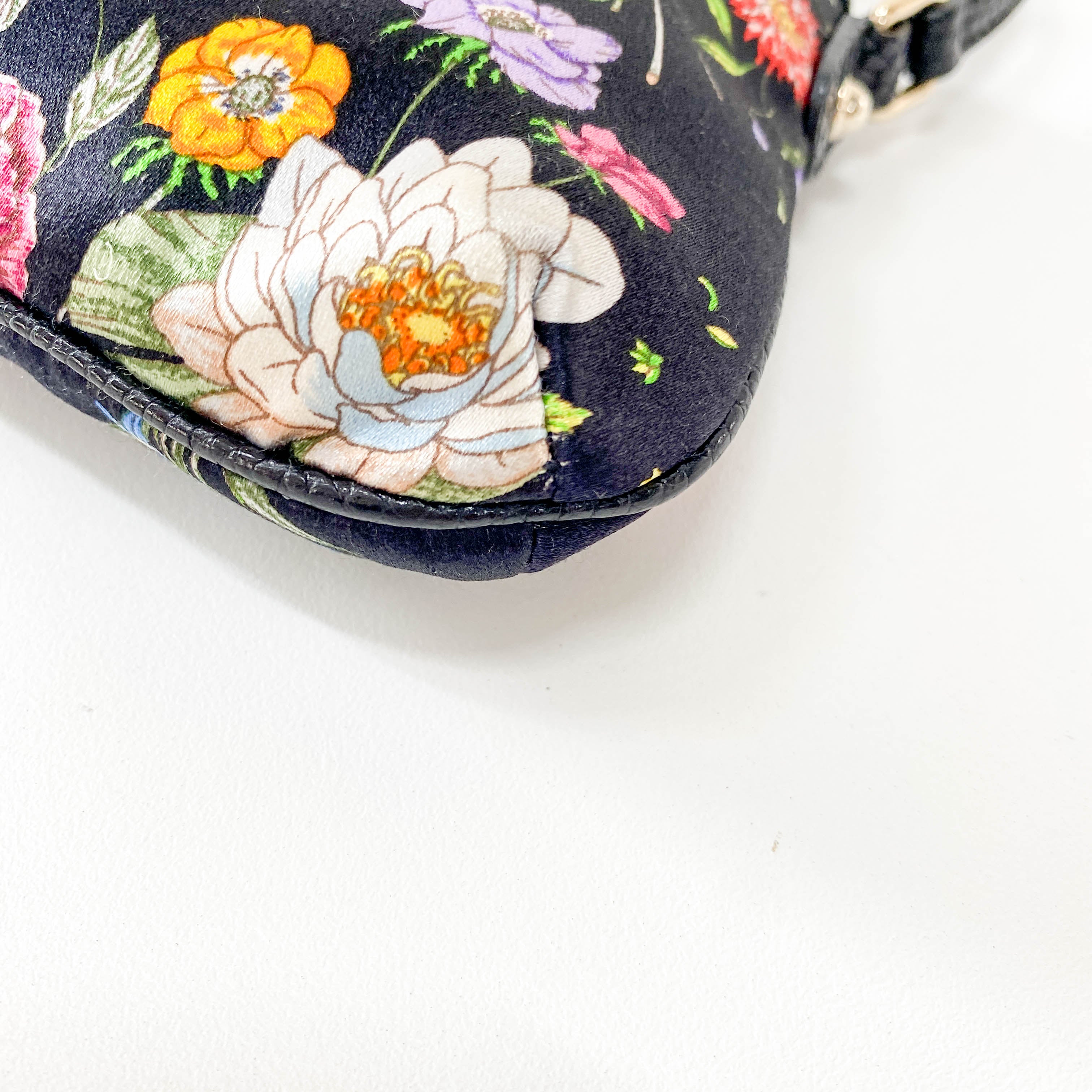 Black Satin with Floral Print Shoulder Bag