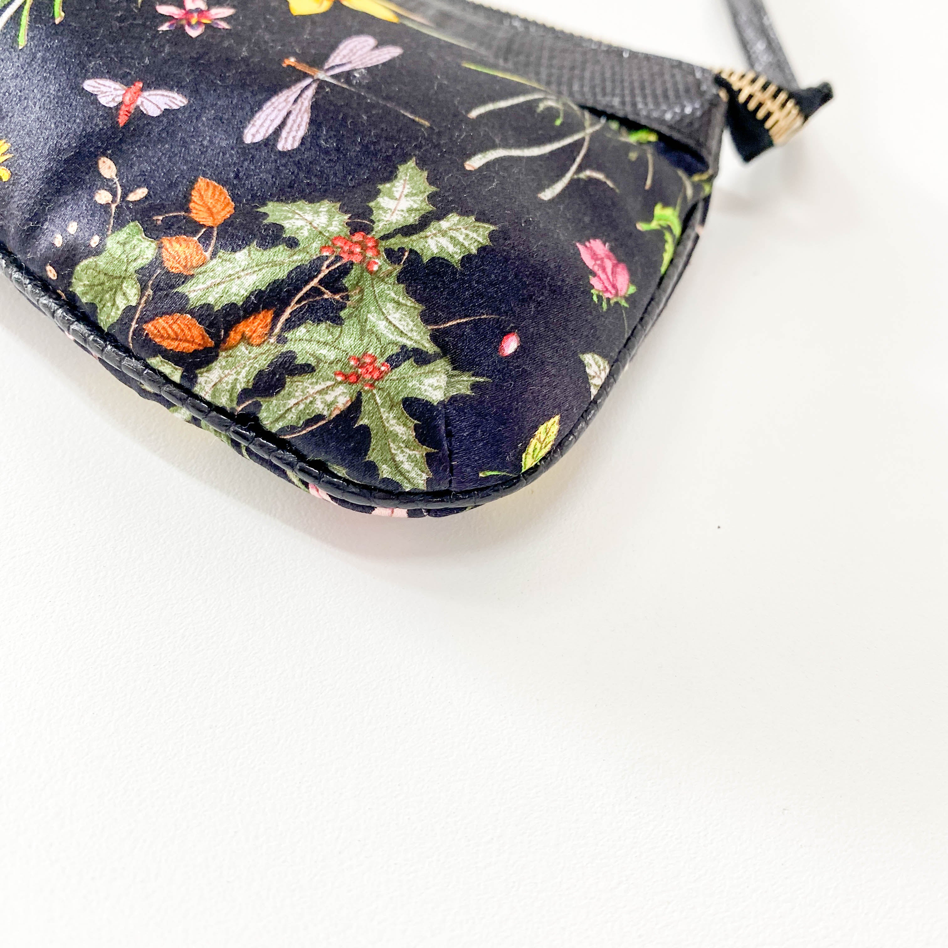 Black Satin with Floral Print Shoulder Bag