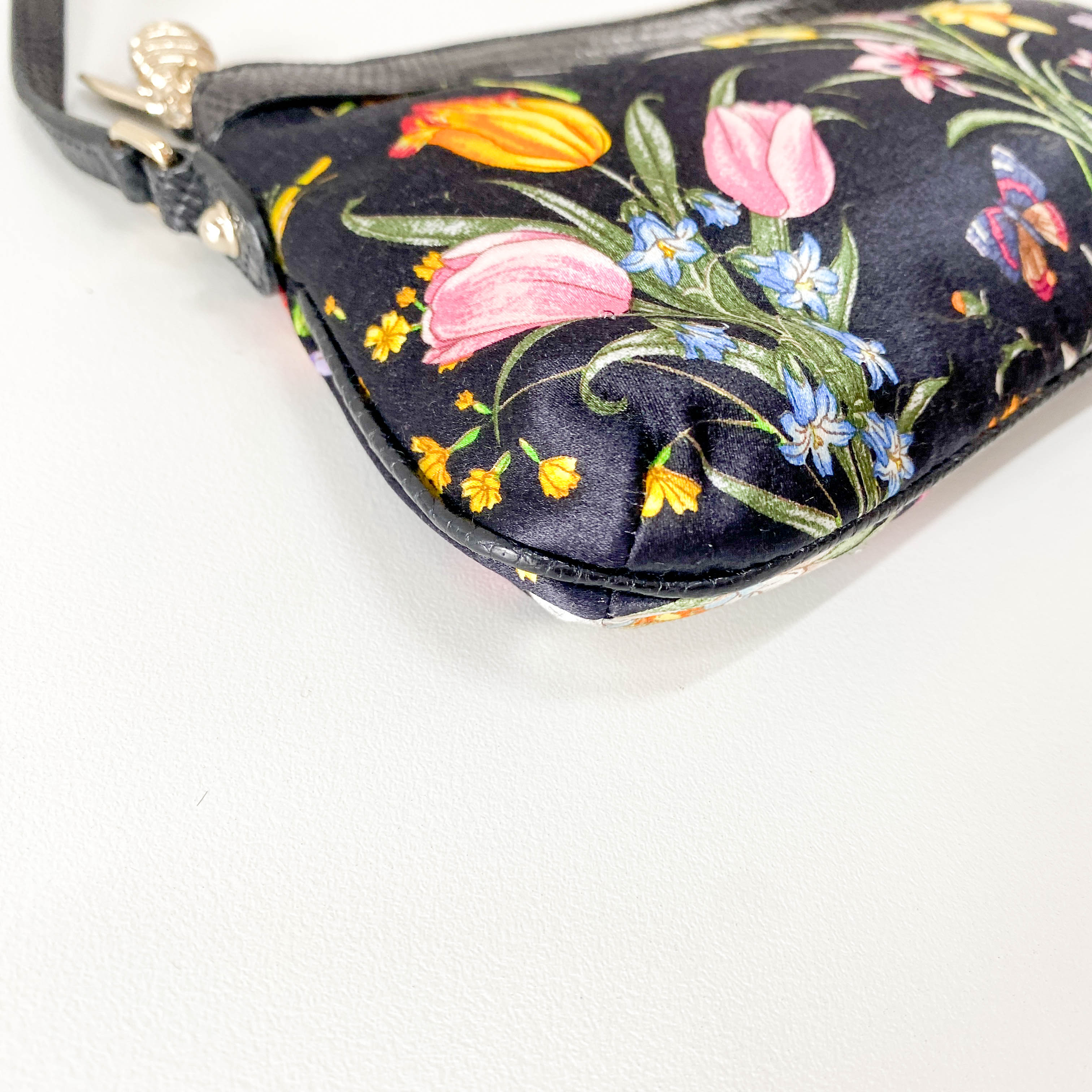 Black Satin with Floral Print Shoulder Bag