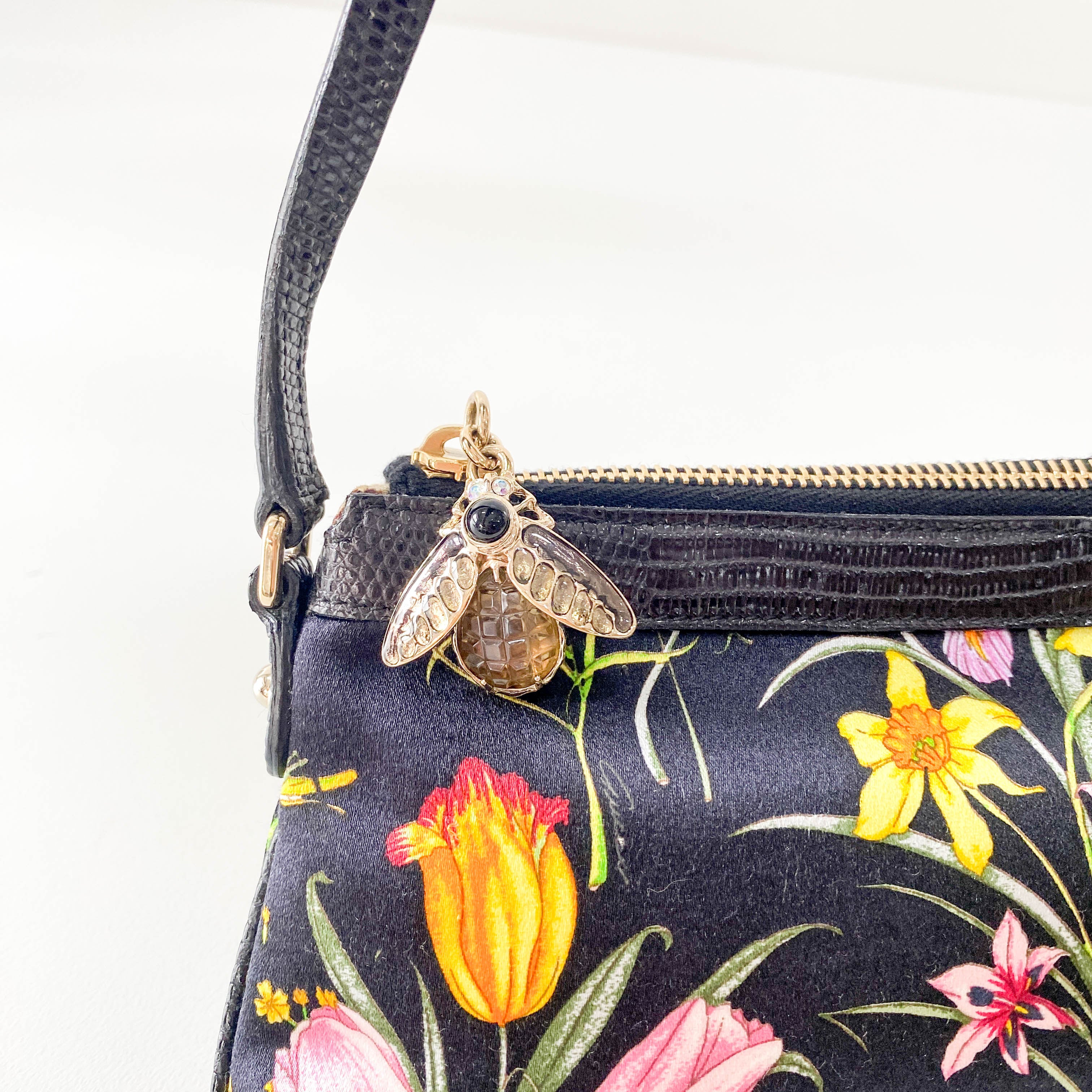 Black Satin with Floral Print Shoulder Bag