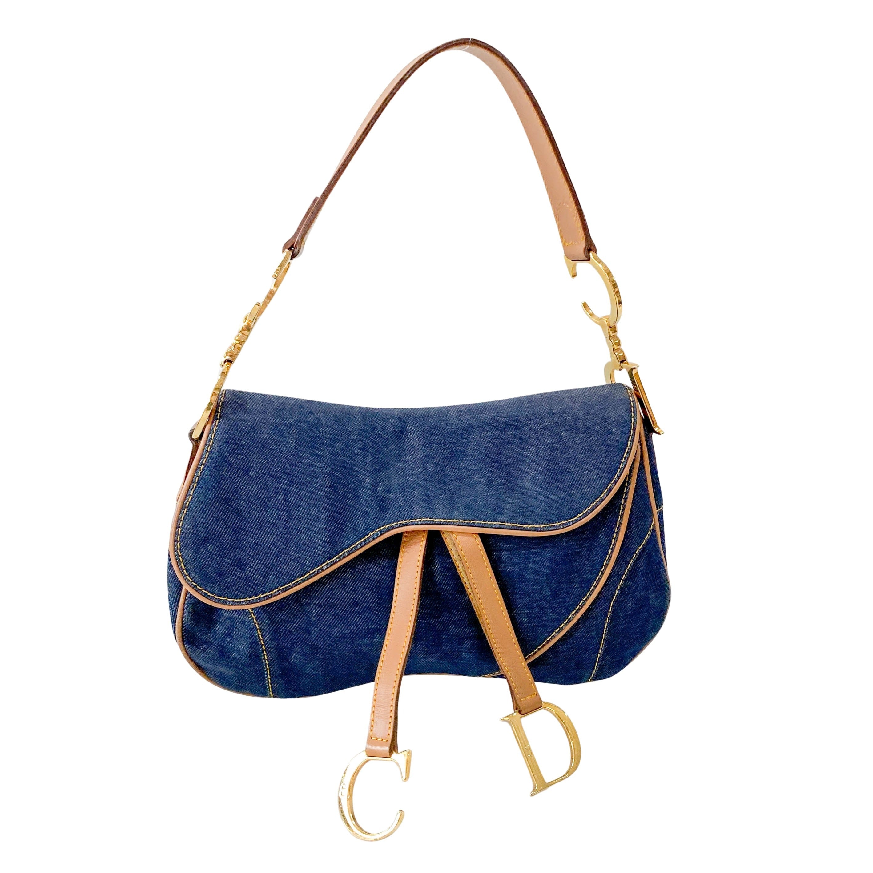 Double Saddle Bag in Denim with Gold Hardware