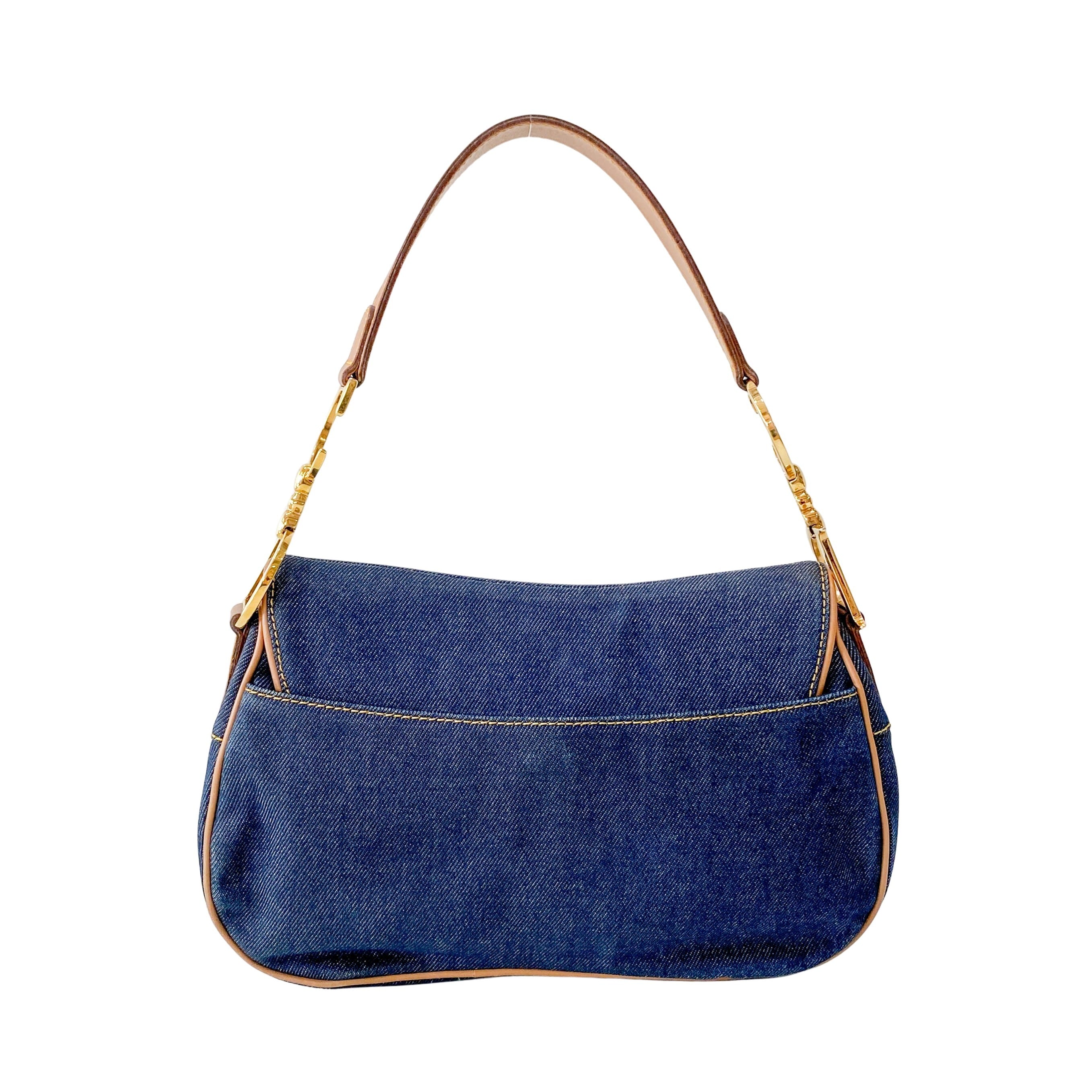 Double Saddle Bag in Denim with Gold Hardware