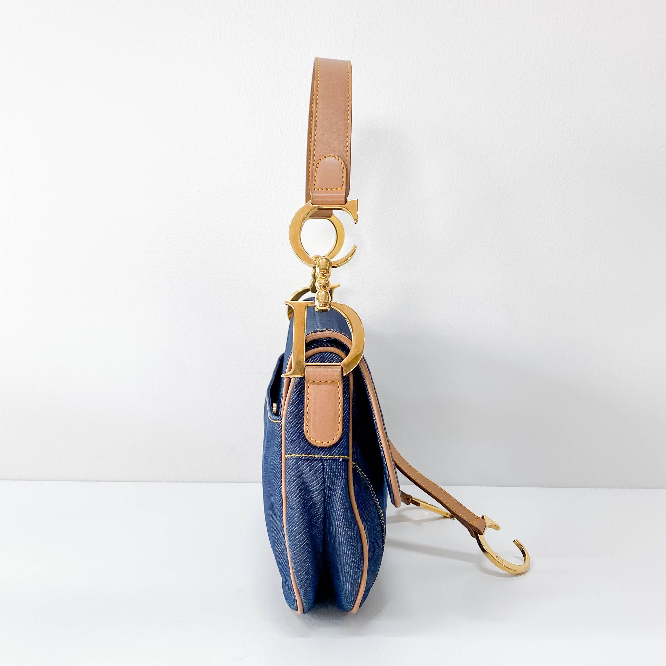 Double Saddle Bag in Denim with Gold Hardware