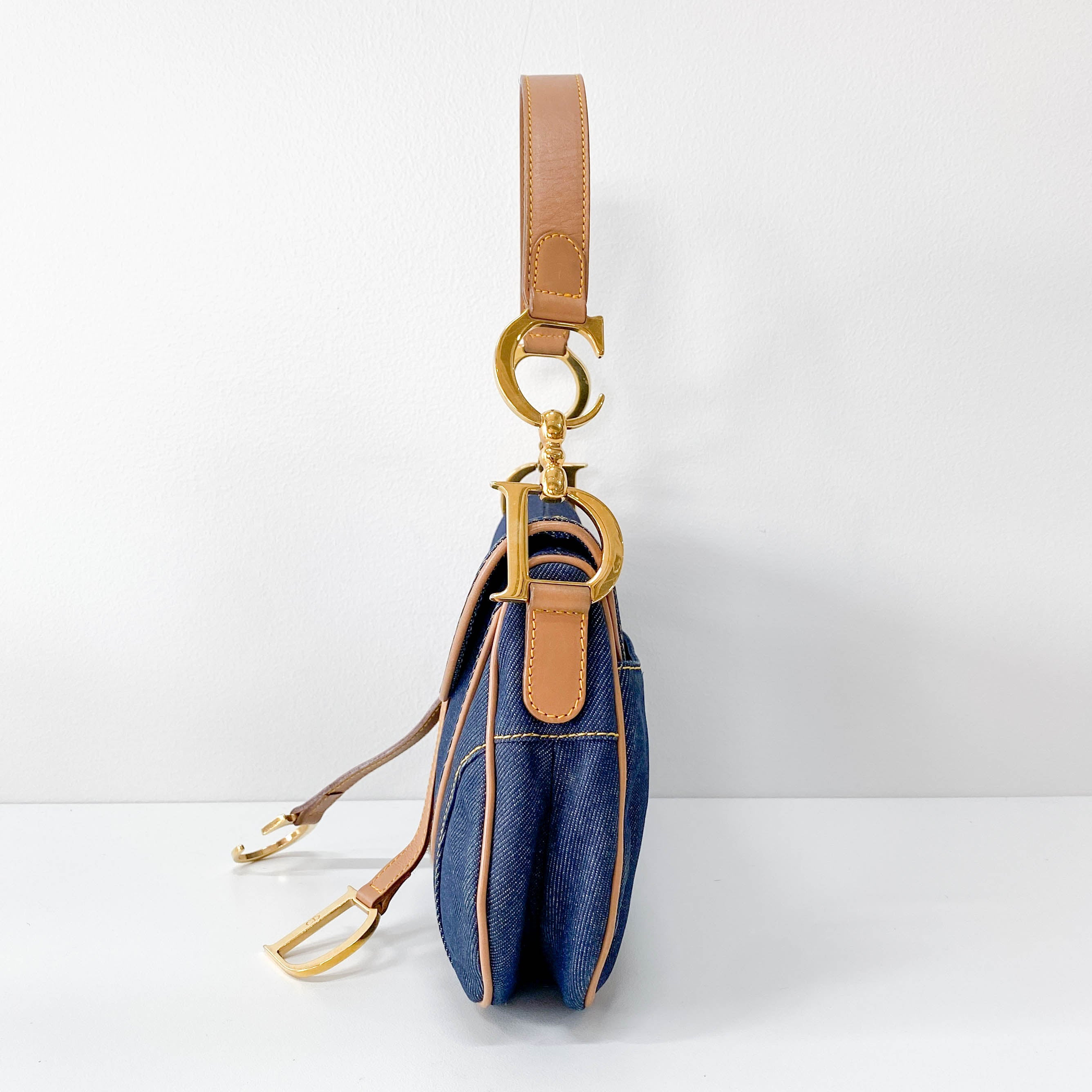 Double Saddle Bag in Denim with Gold Hardware