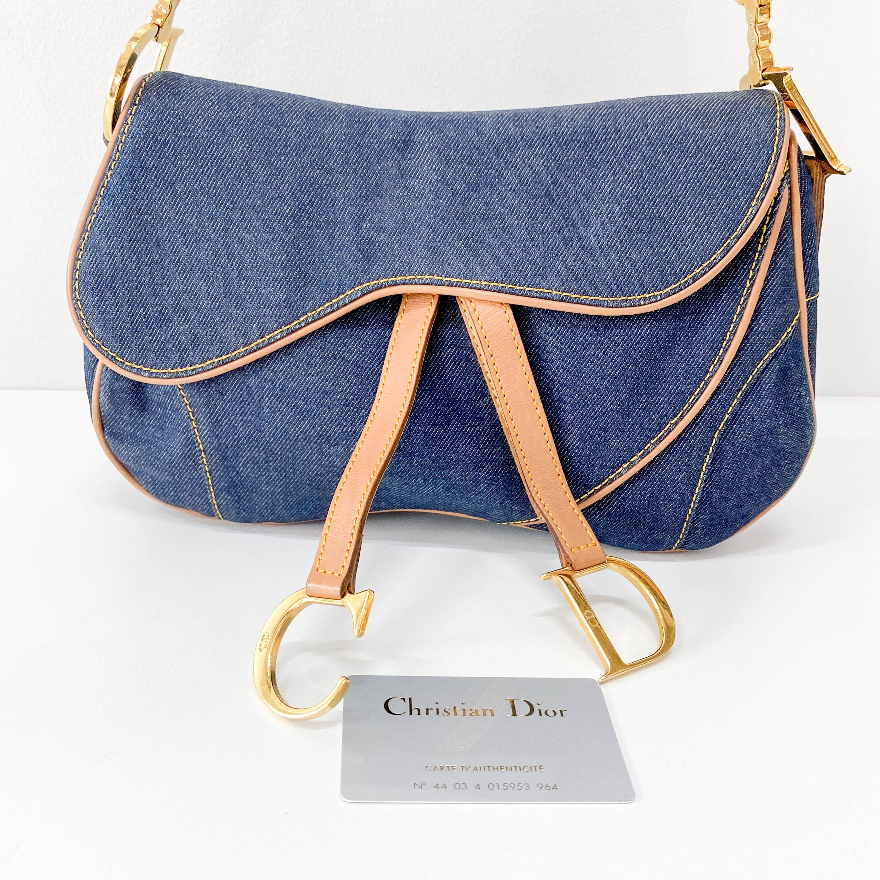 Double Saddle Bag in Denim with Gold Hardware