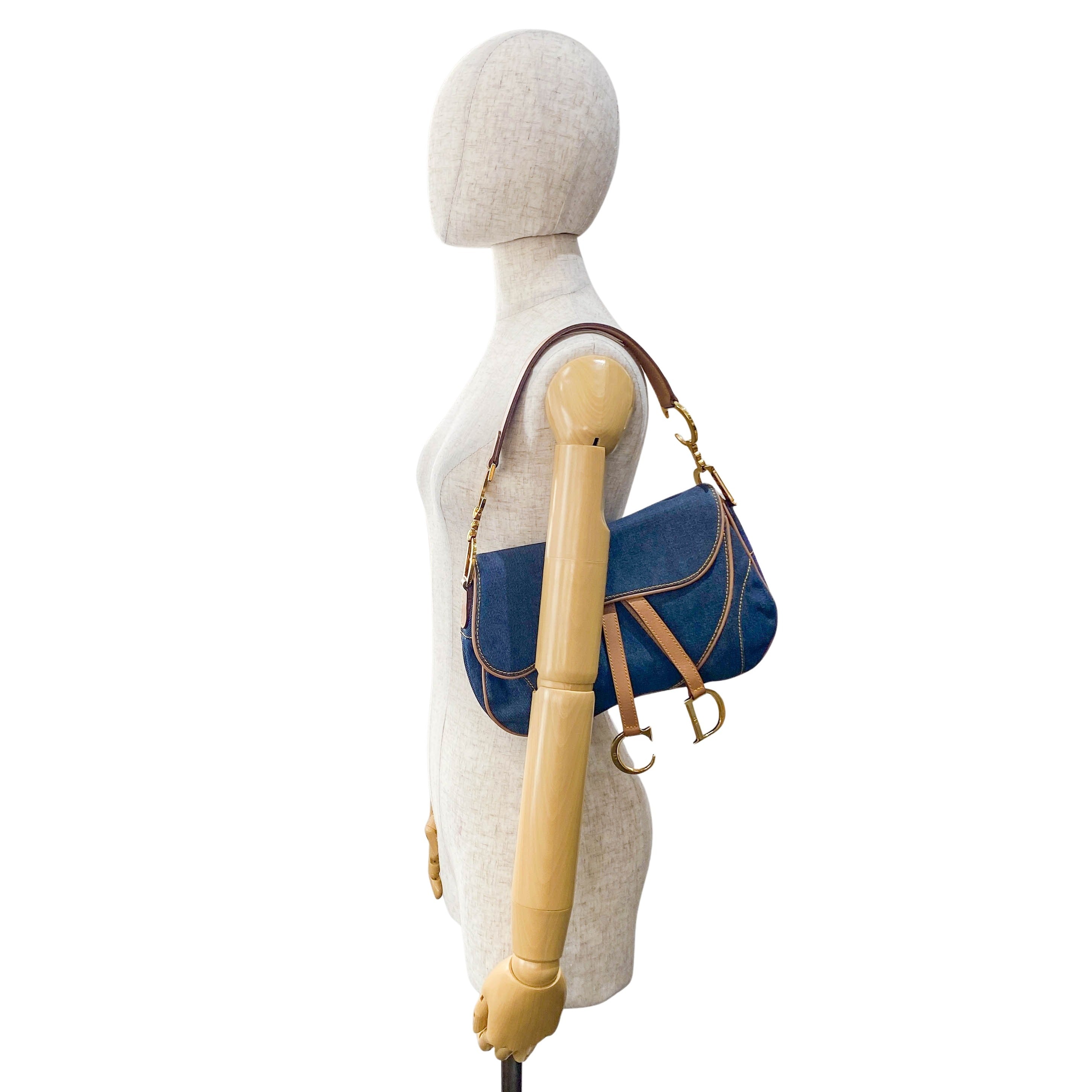 Double Saddle Bag in Denim with Gold Hardware