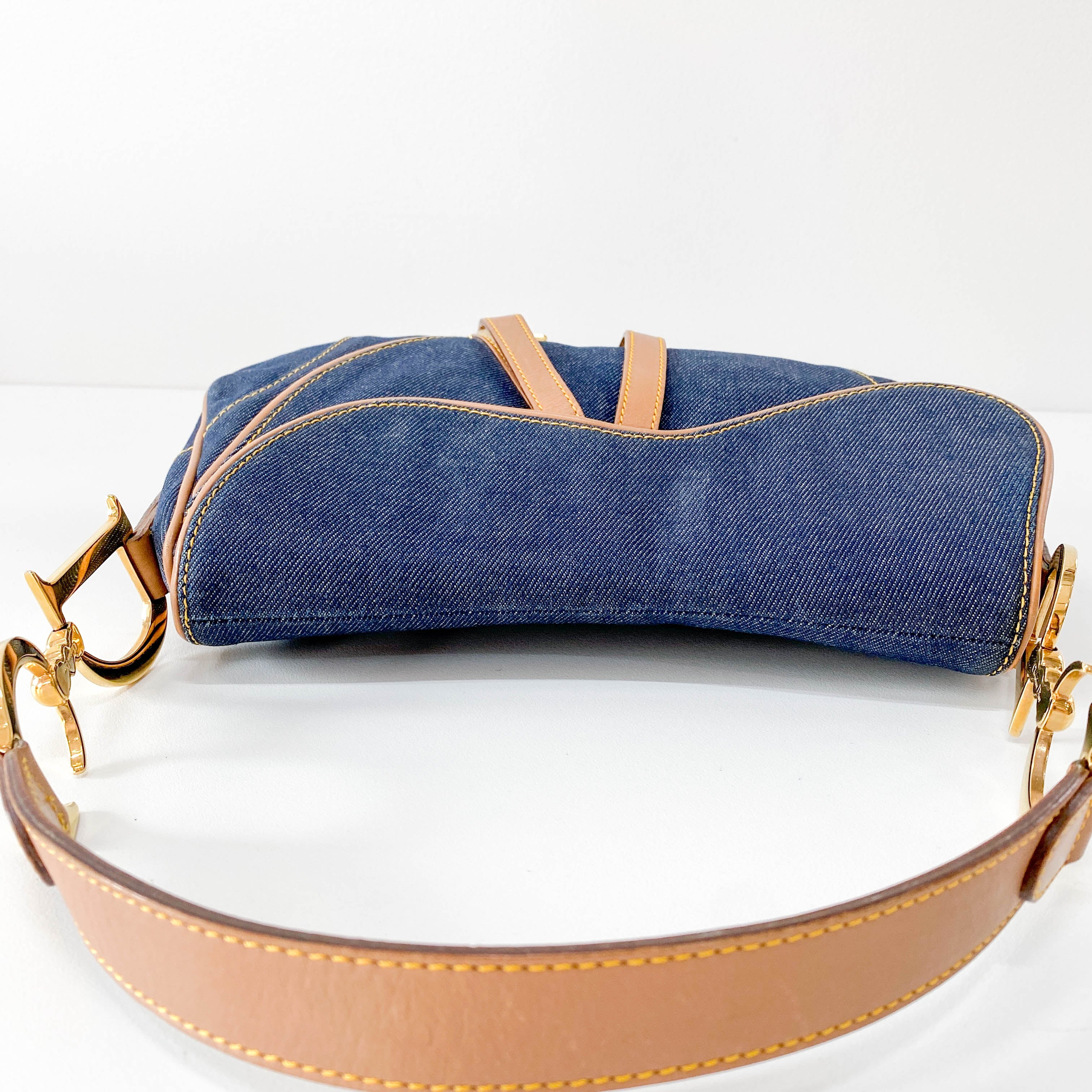 Double Saddle Bag in Denim with Gold Hardware