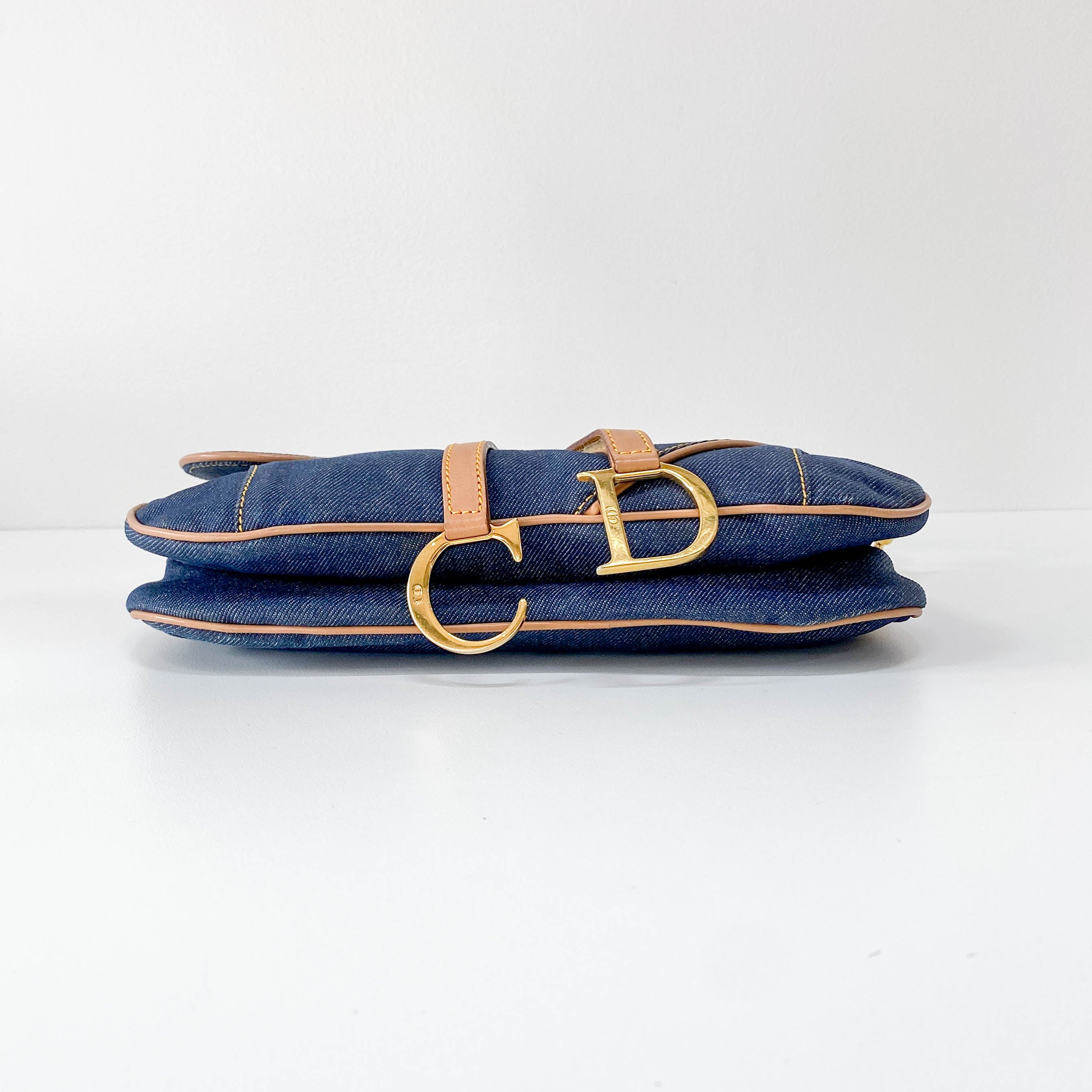 Double Saddle Bag in Denim with Gold Hardware