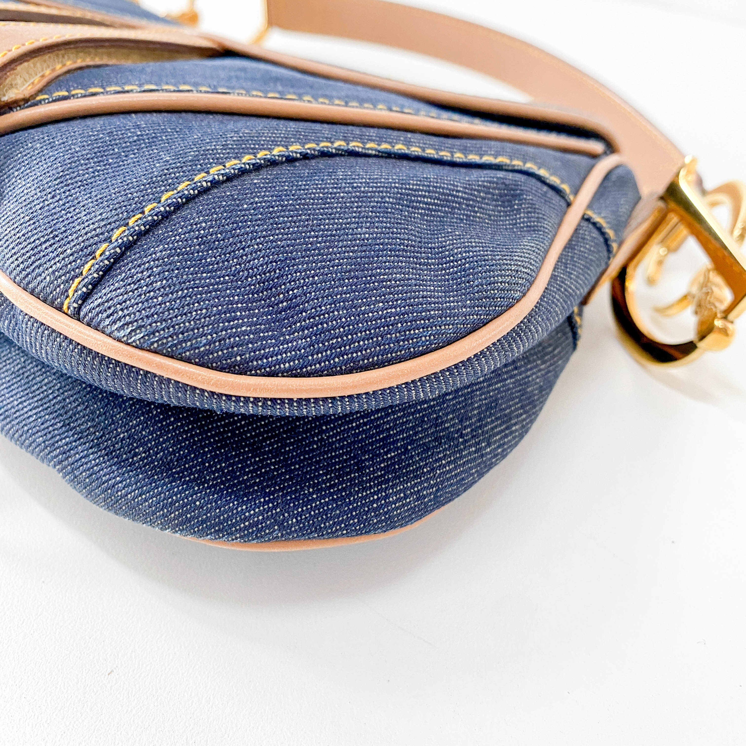 Double Saddle Bag in Denim with Gold Hardware