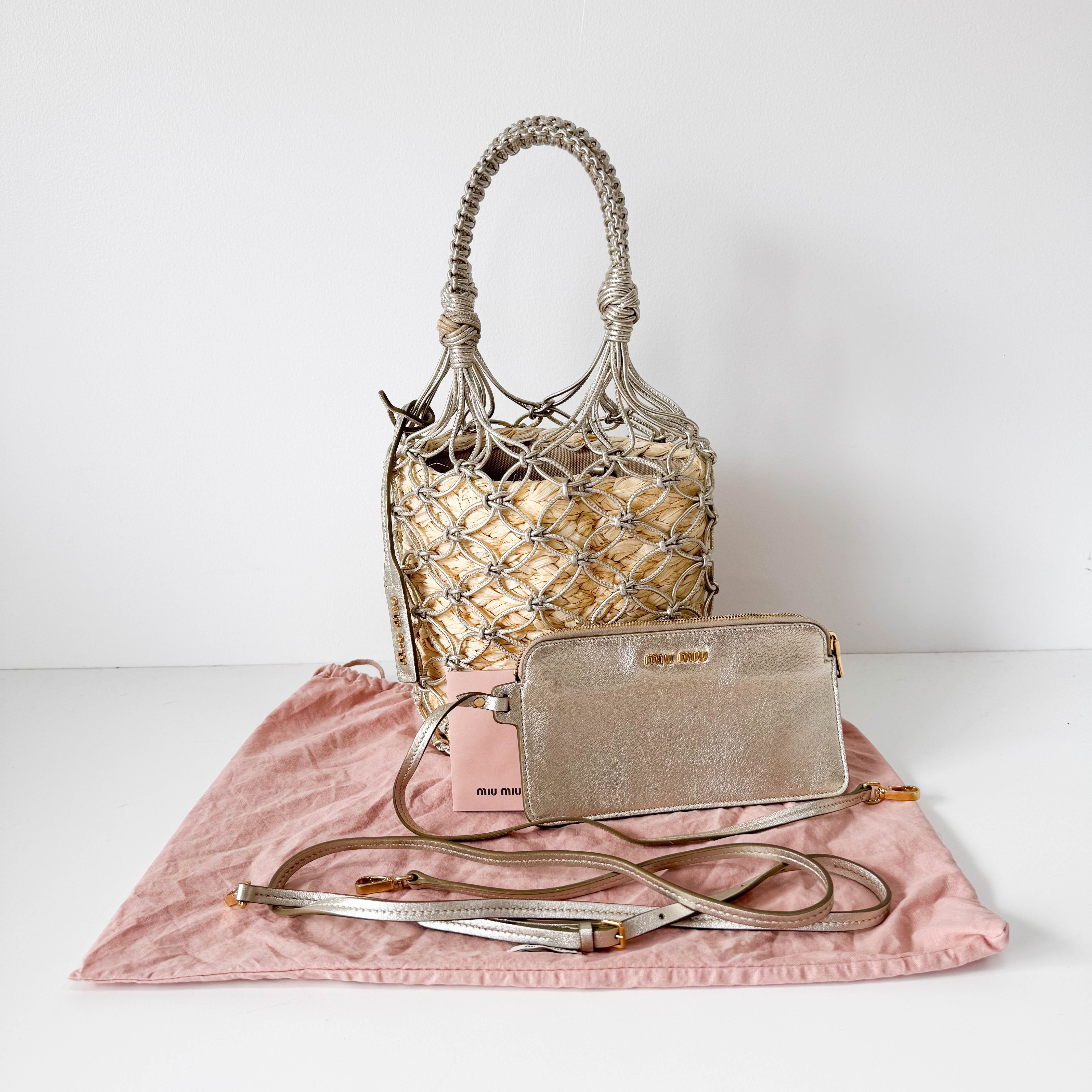 Woven Bucket Raffia/Leather Gold Shoulder Bag