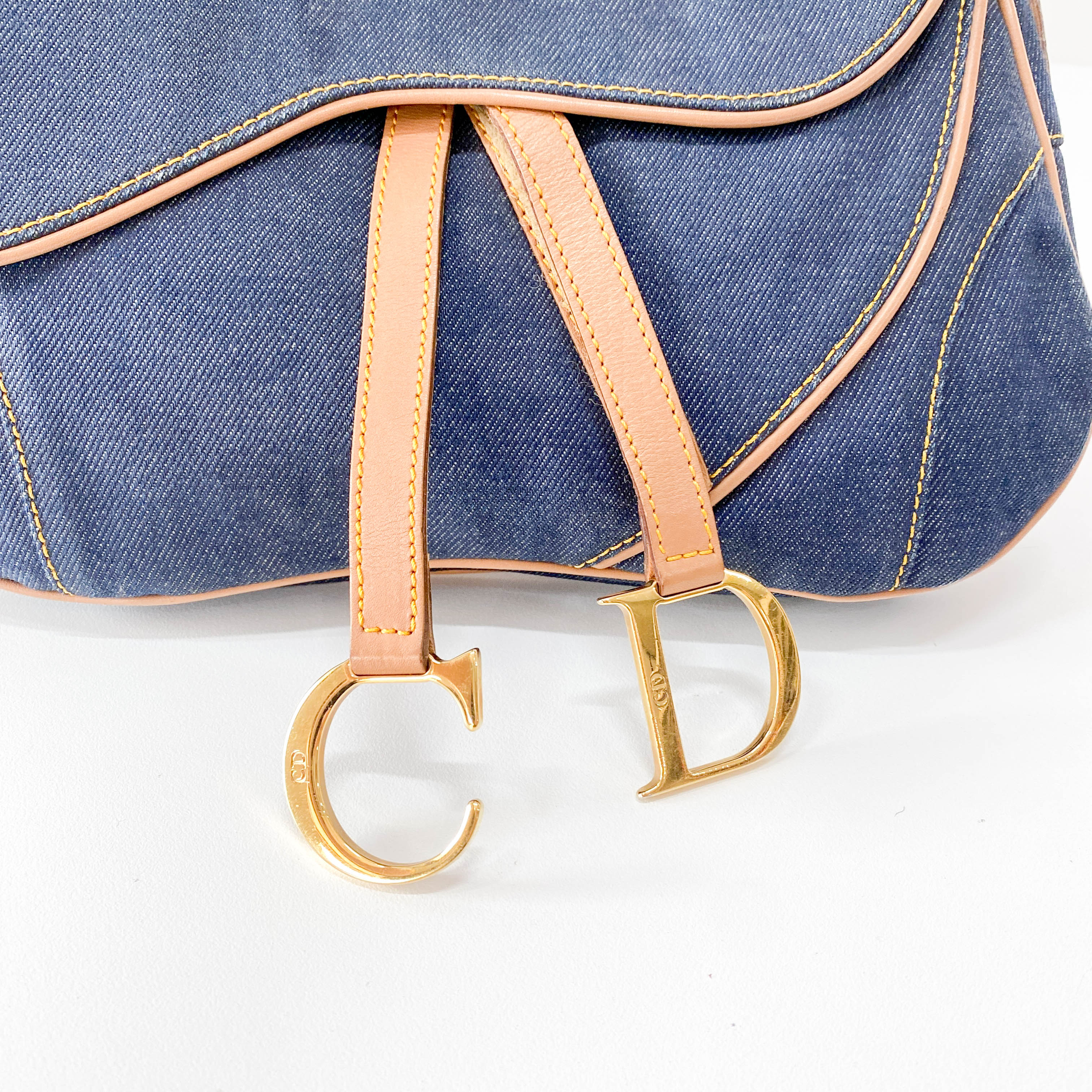 Double Saddle Bag in Denim with Gold Hardware