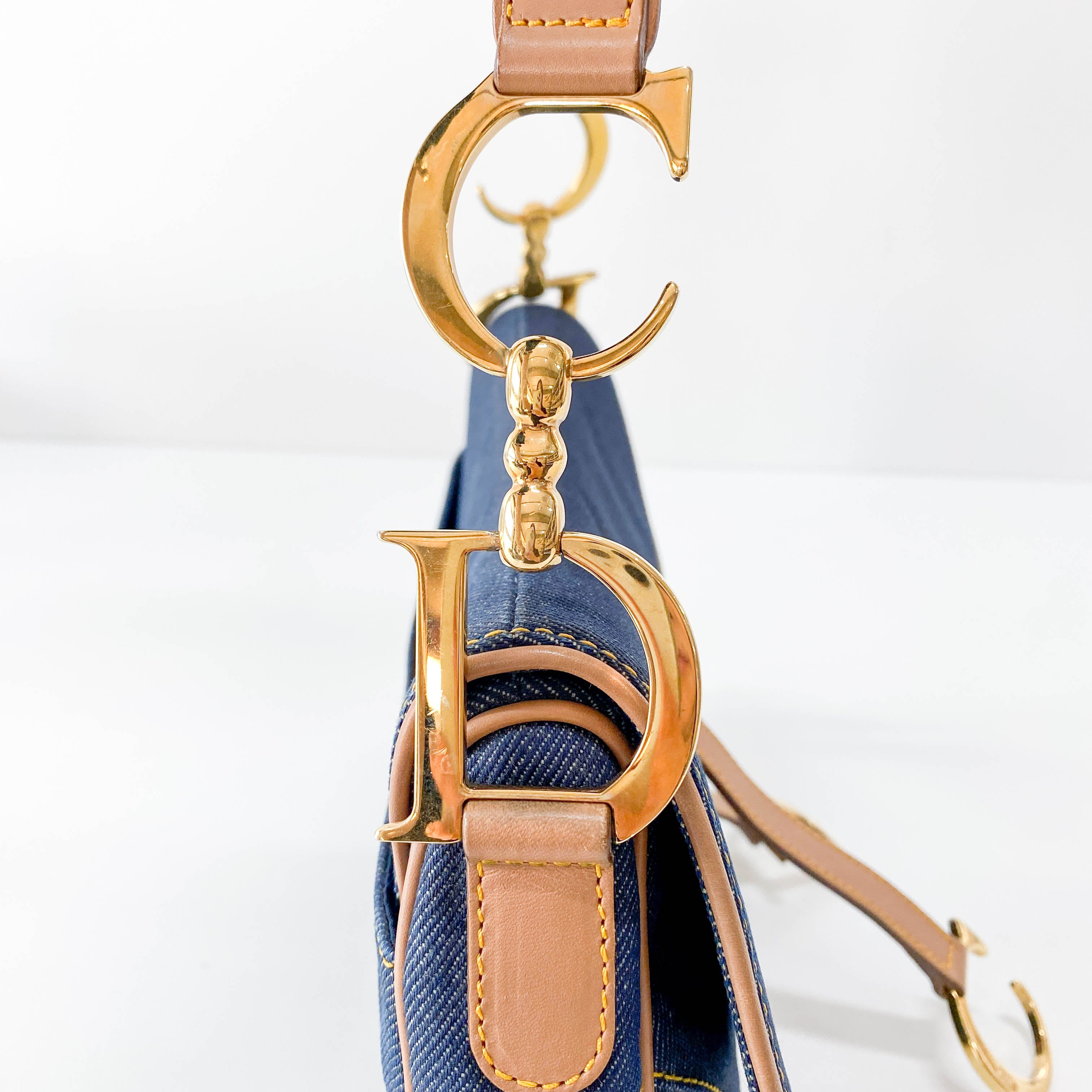 Double Saddle Bag in Denim with Gold Hardware