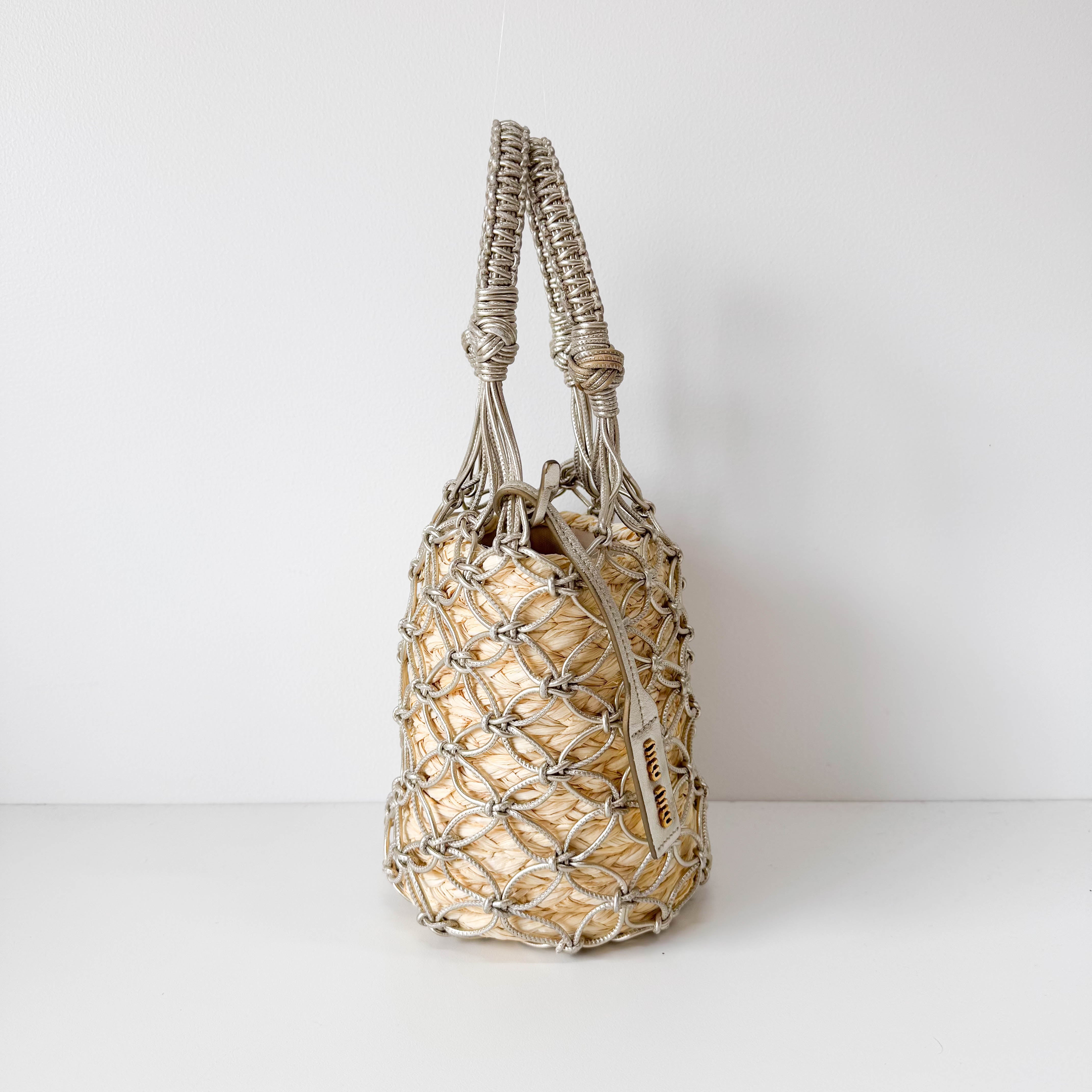 Woven Bucket Raffia/Leather Gold Shoulder Bag