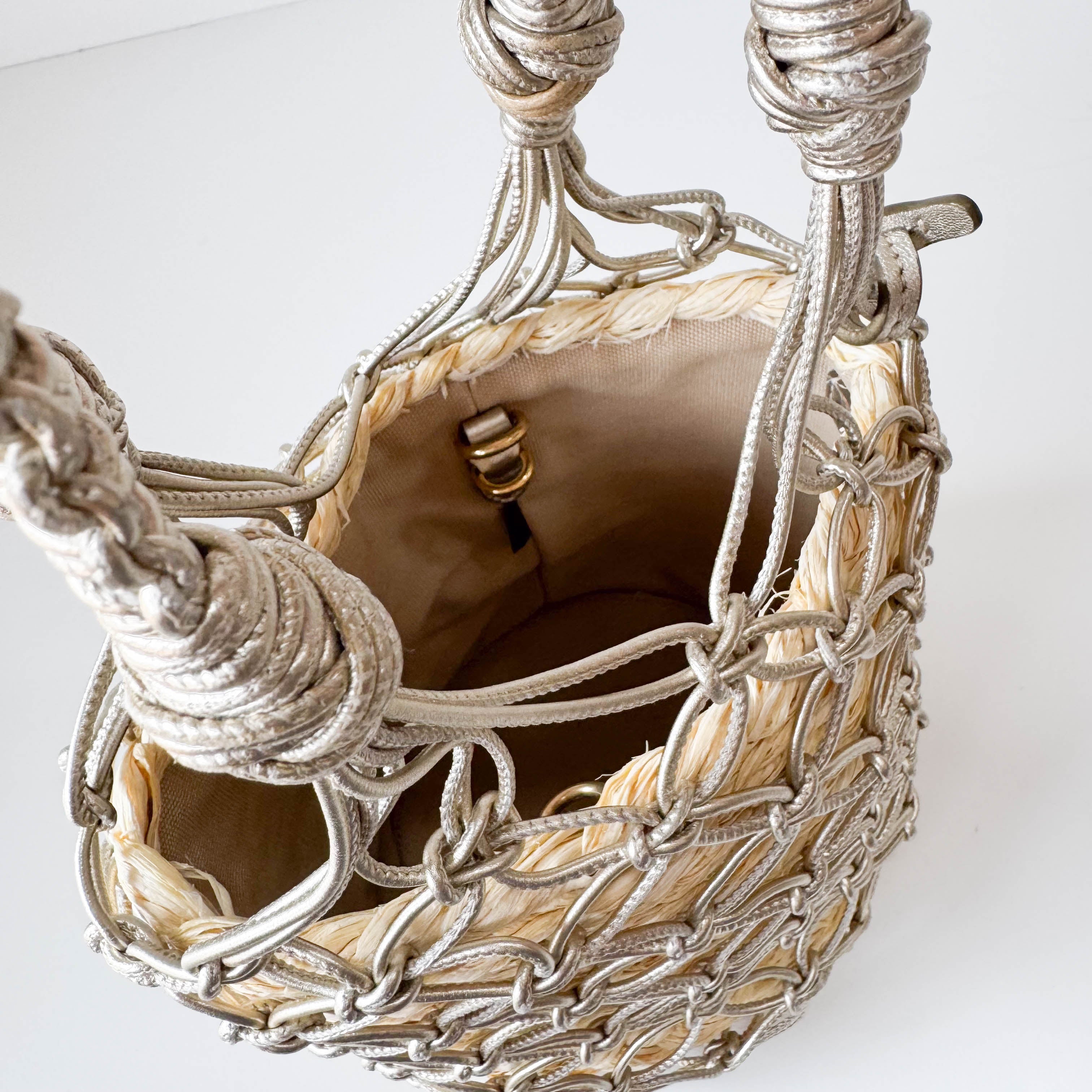 Woven Bucket Raffia/Leather Gold Shoulder Bag