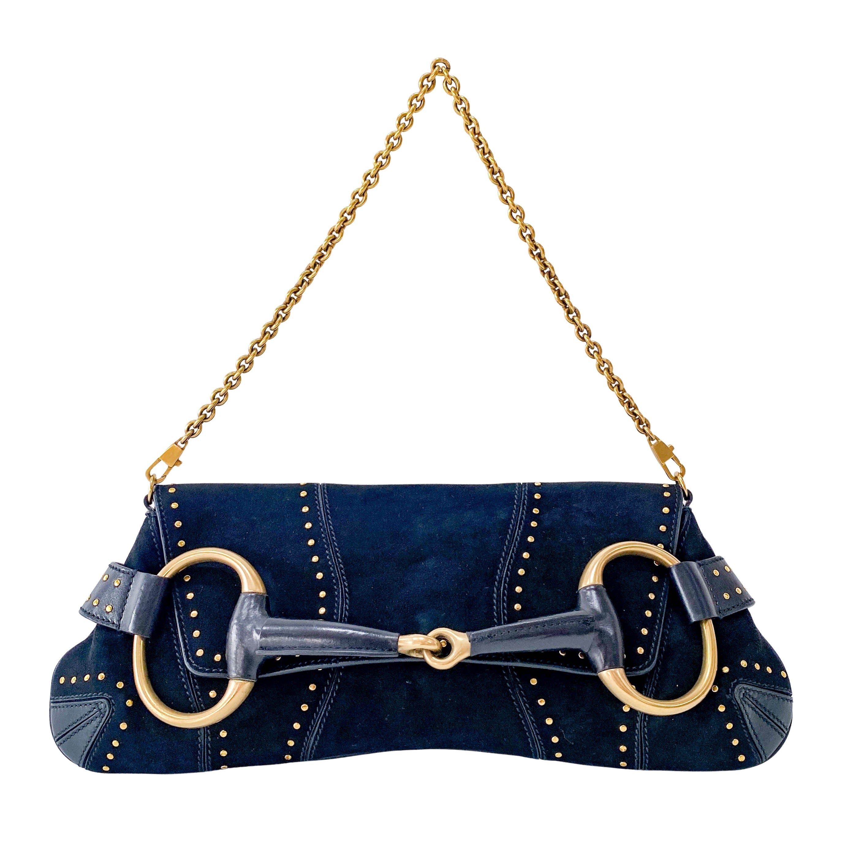 Horsebit Black Suede and Studs Chain Shoulder Bag