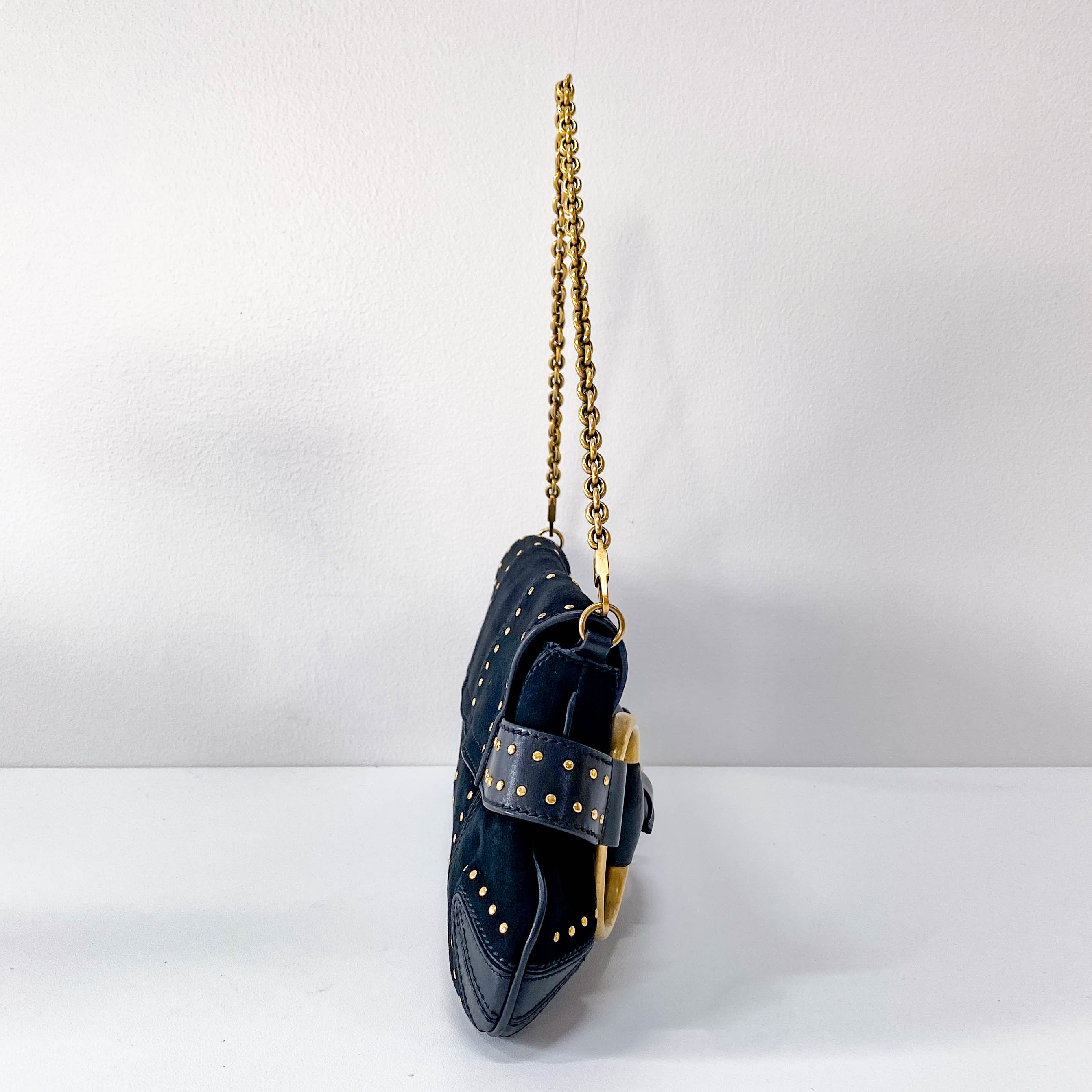 Horsebit Black Suede and Studs Chain Shoulder Bag