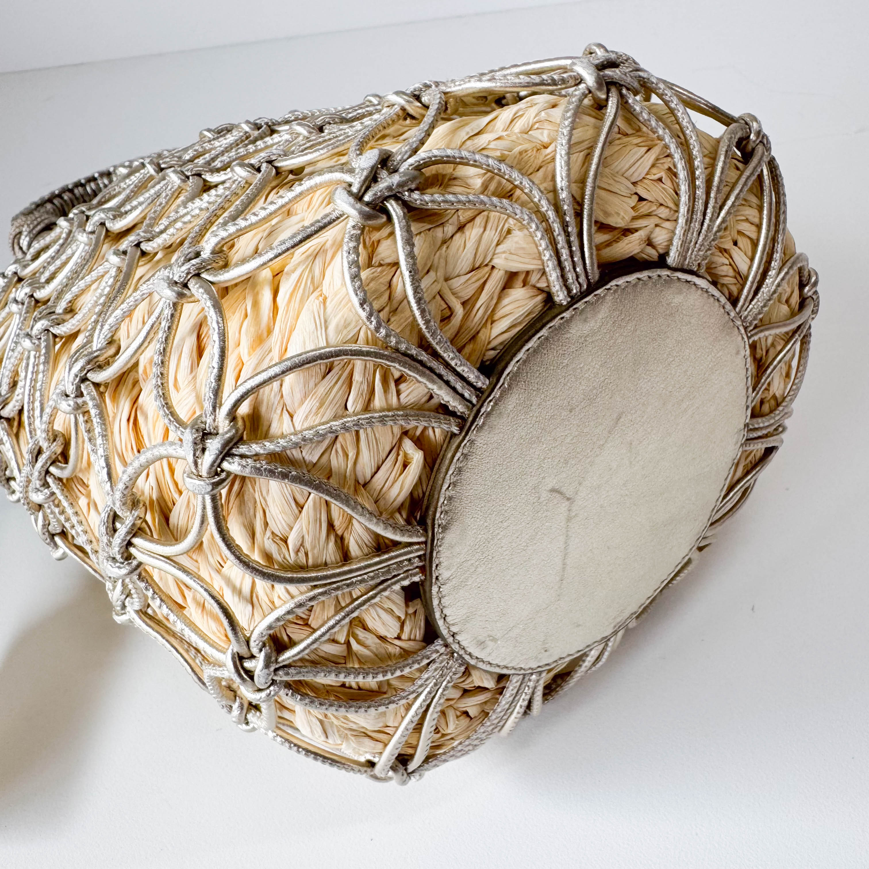 Woven Bucket Raffia/Leather Gold Shoulder Bag