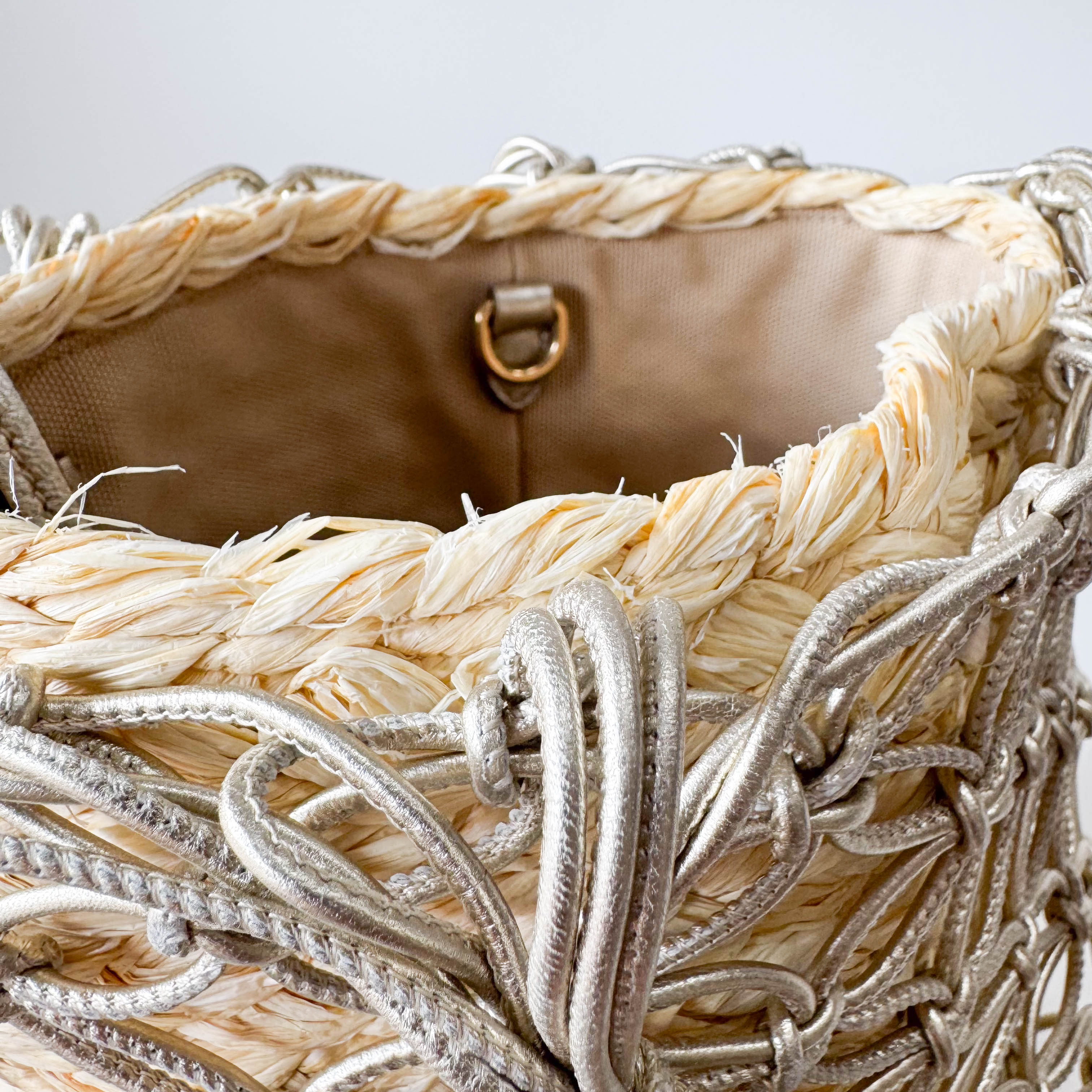 Woven Bucket Raffia/Leather Gold Shoulder Bag