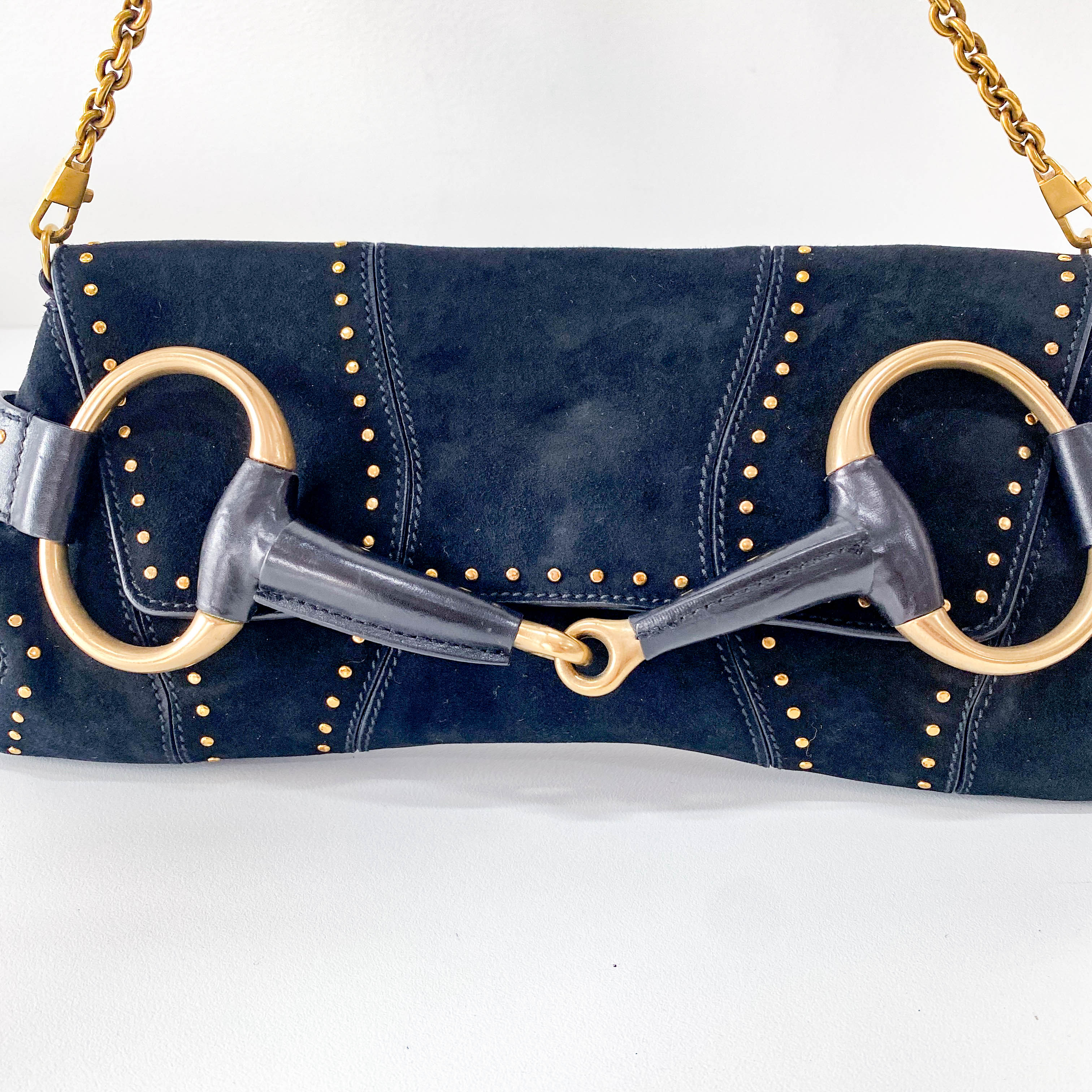 Horsebit Black Suede and Studs Chain Shoulder Bag