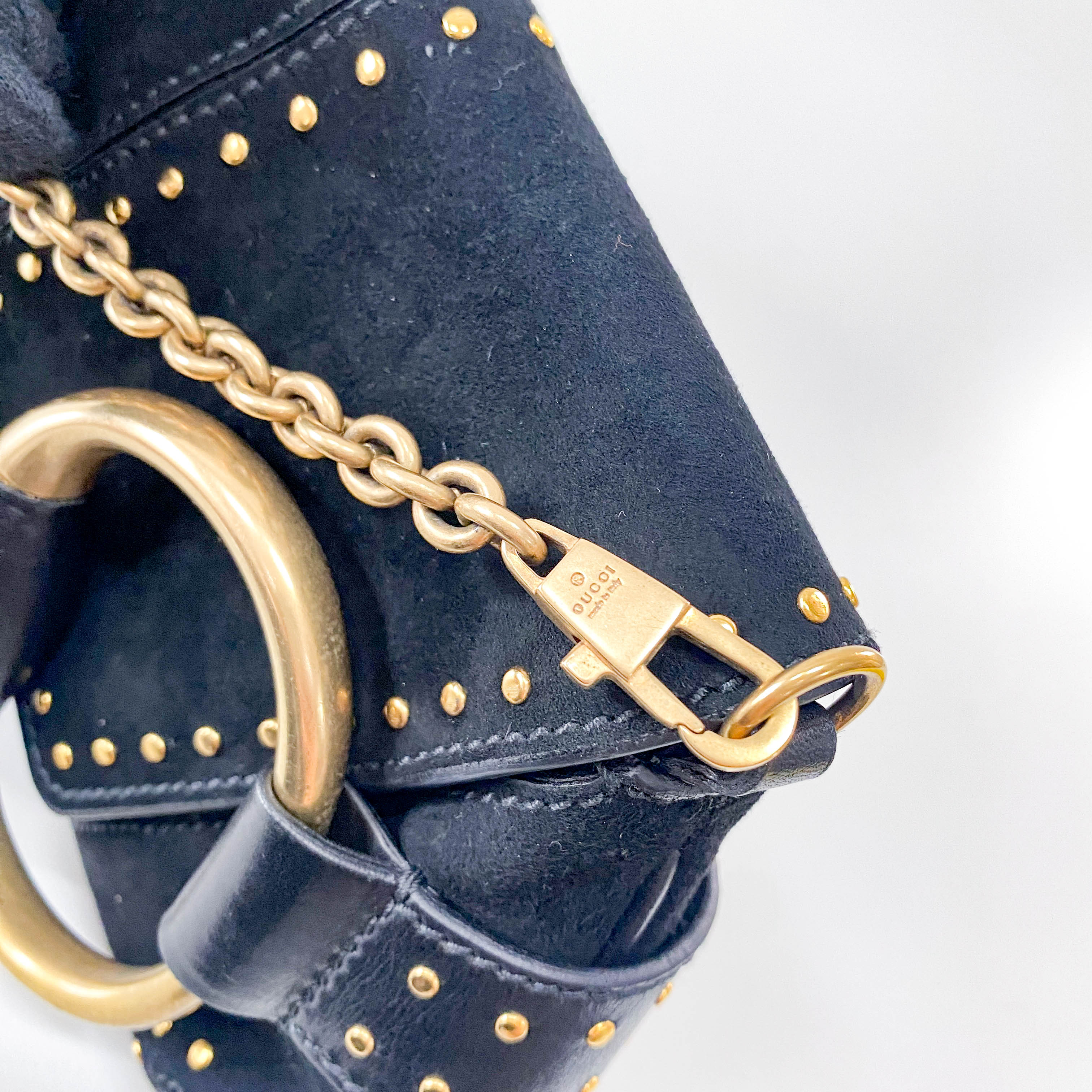 Horsebit Black Suede and Studs Chain Shoulder Bag