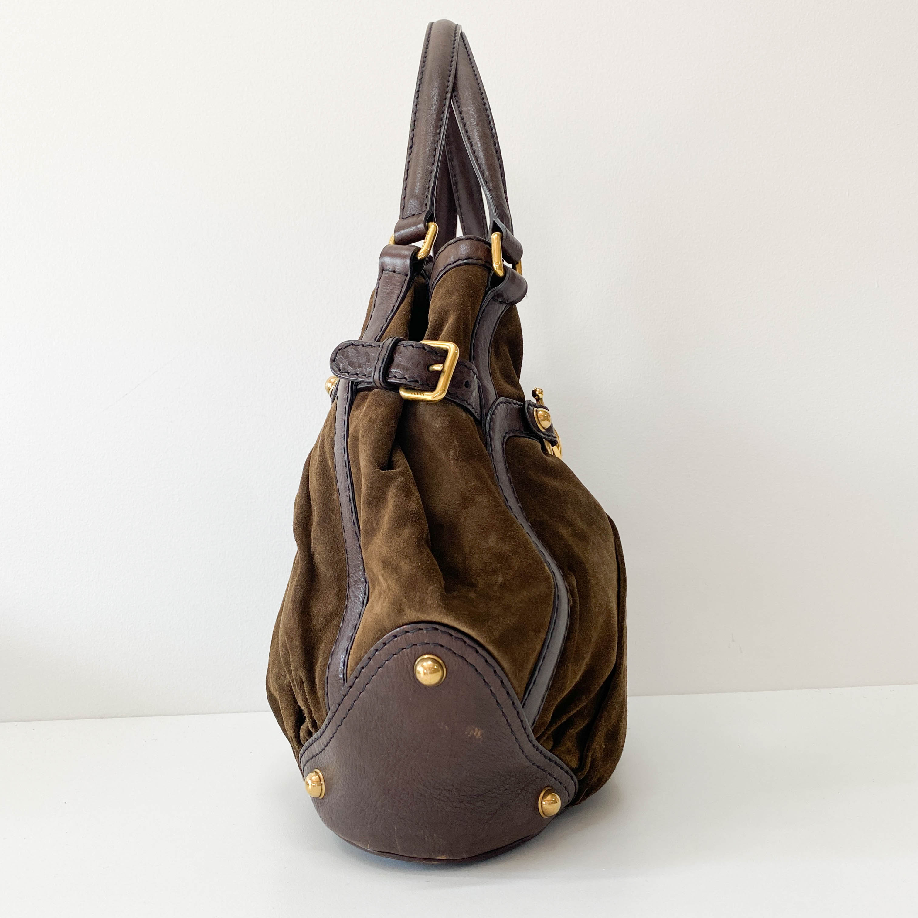 Horsebit Brown Suede Shoulder Bag