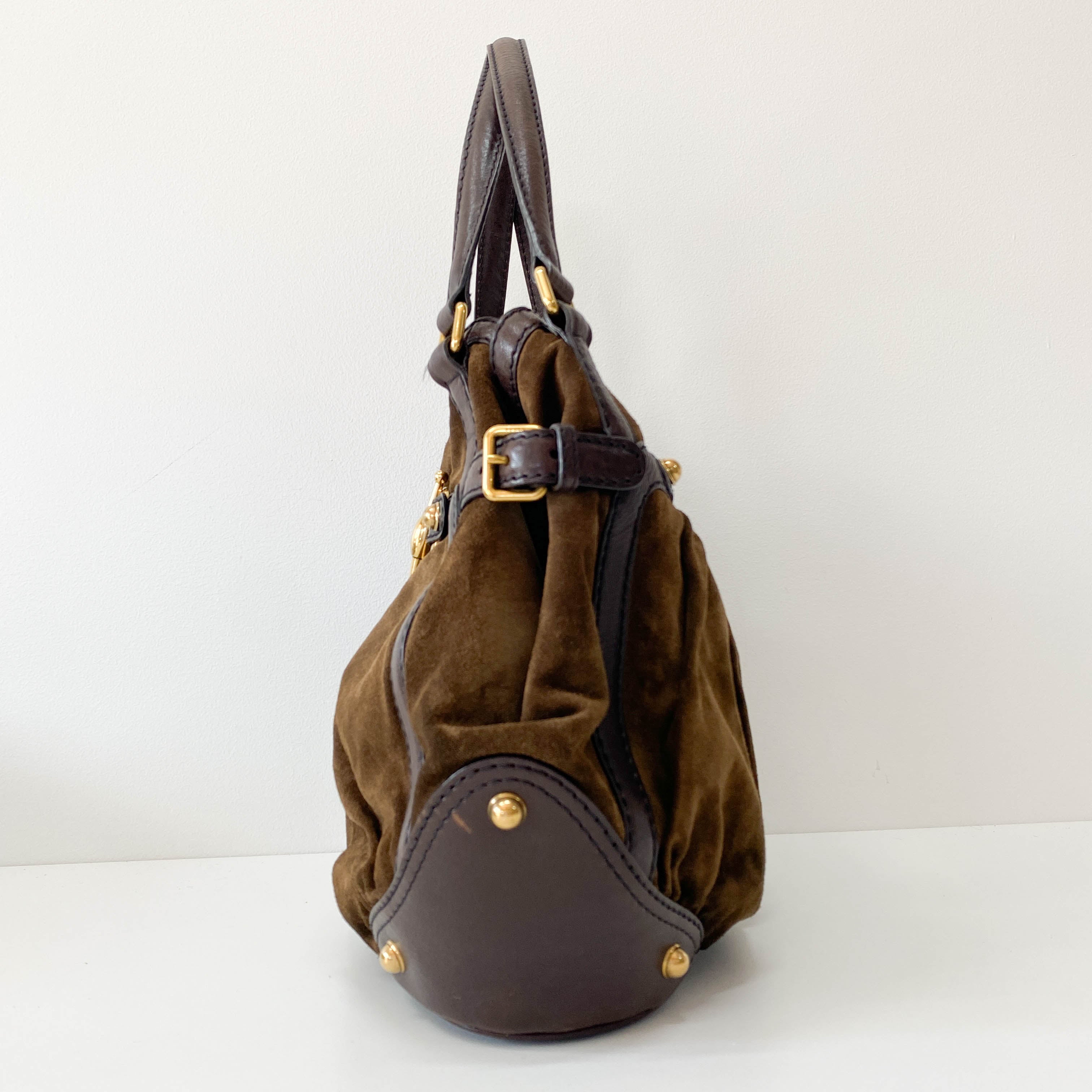 Horsebit Brown Suede Shoulder Bag