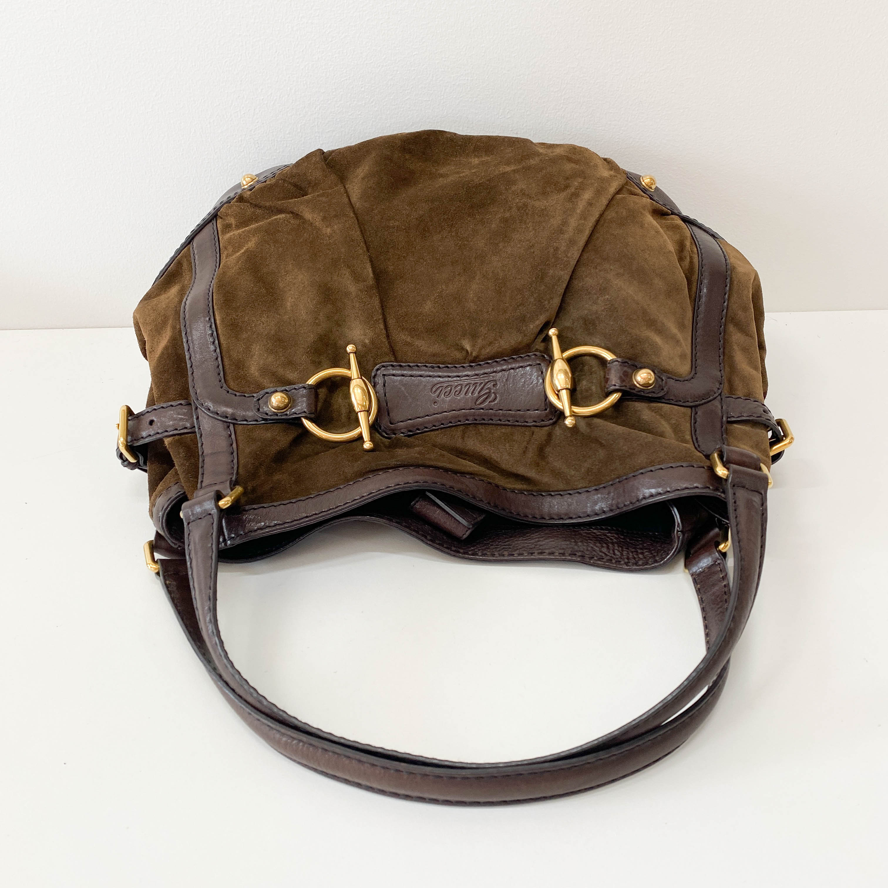 Horsebit Brown Suede Shoulder Bag