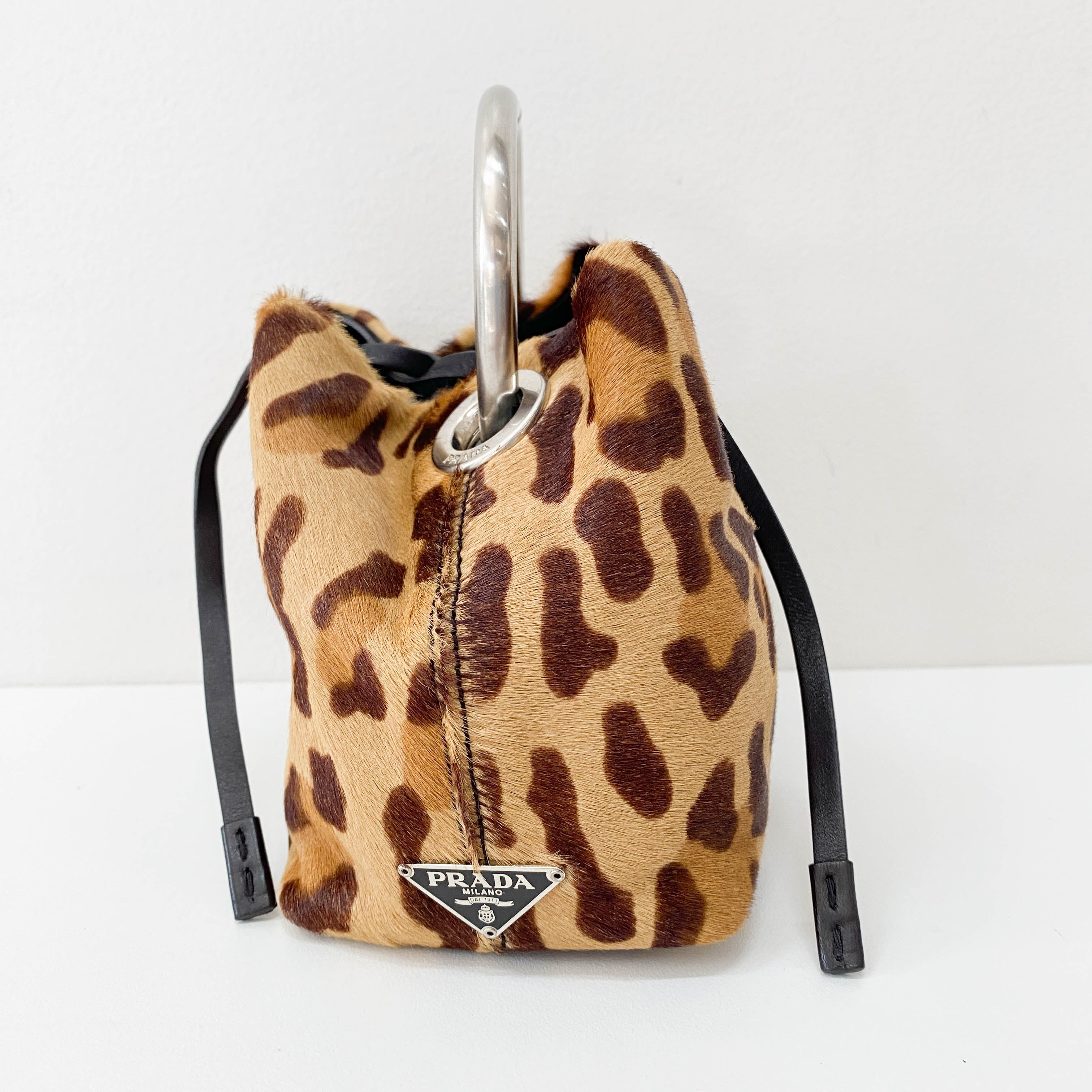 Leopard Pony Hair Metal Handle Mini Bag