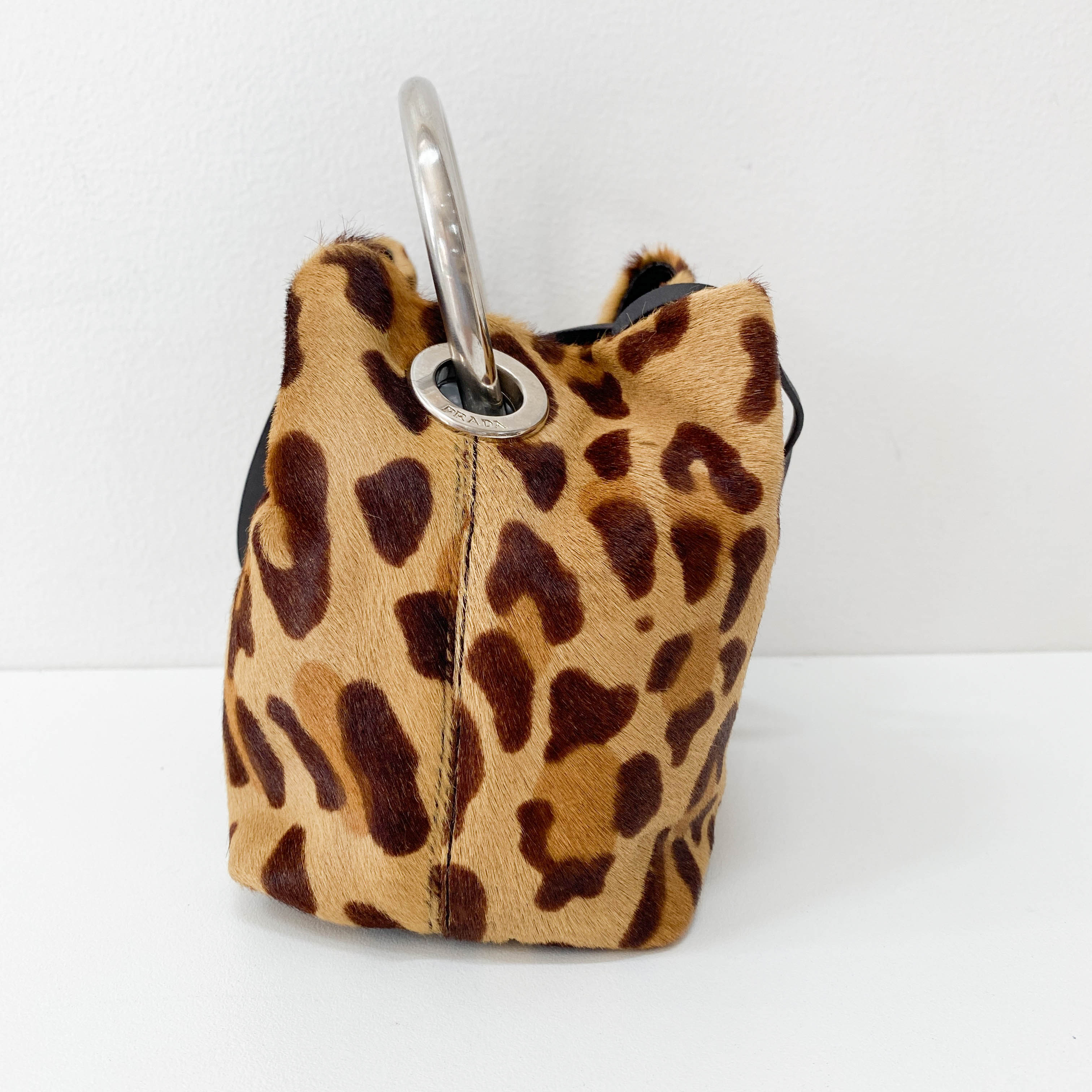 Leopard Pony Hair Metal Handle Mini Bag