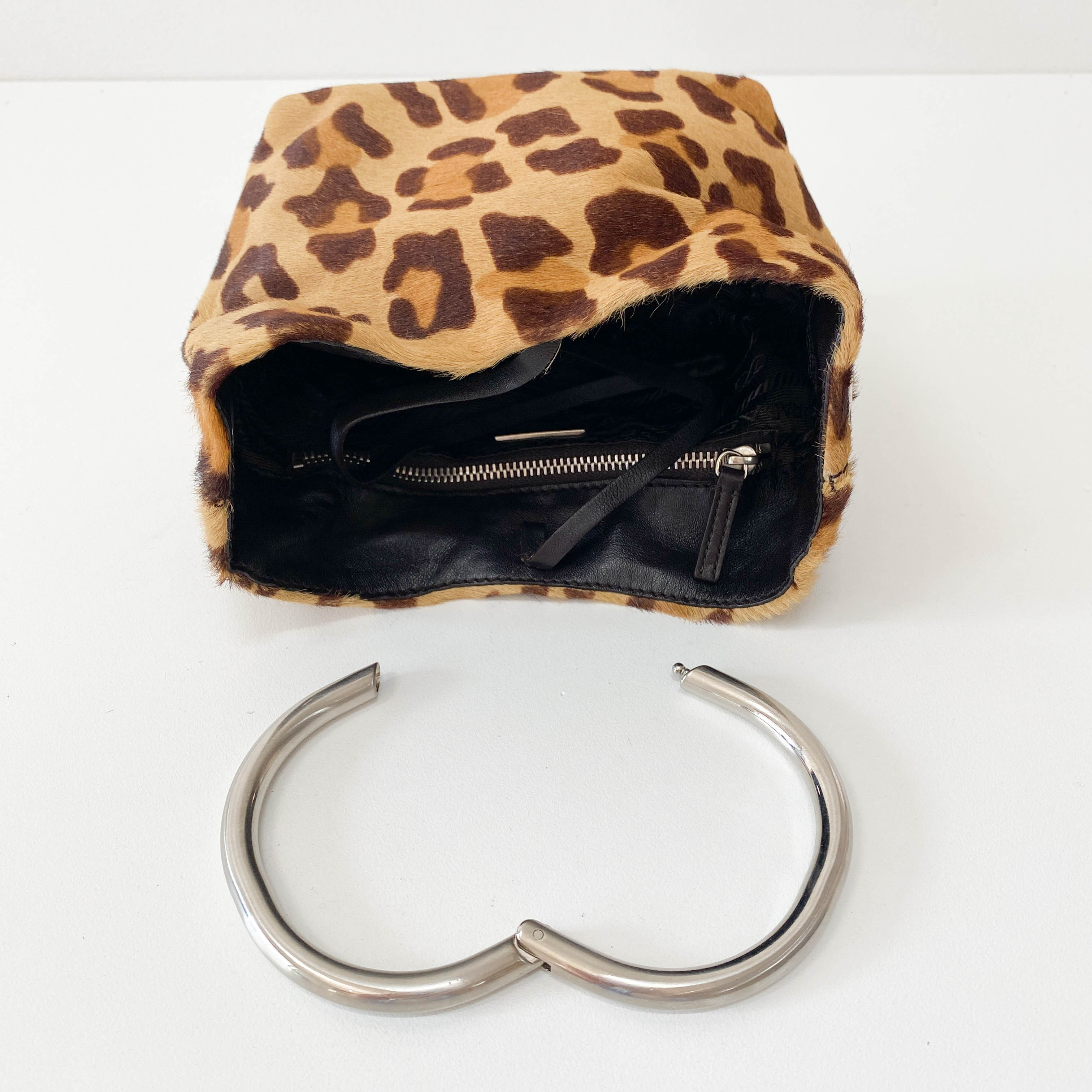 Leopard Pony Hair Metal Handle Mini Bag