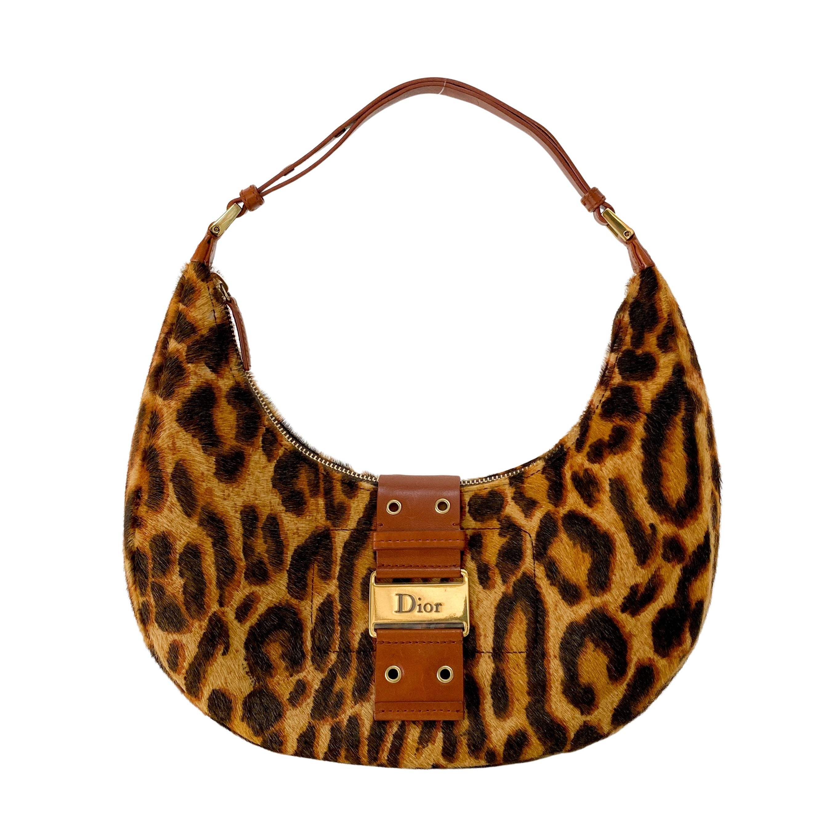 Half Moon Leopard Print Pony Hair Shoulder Bag