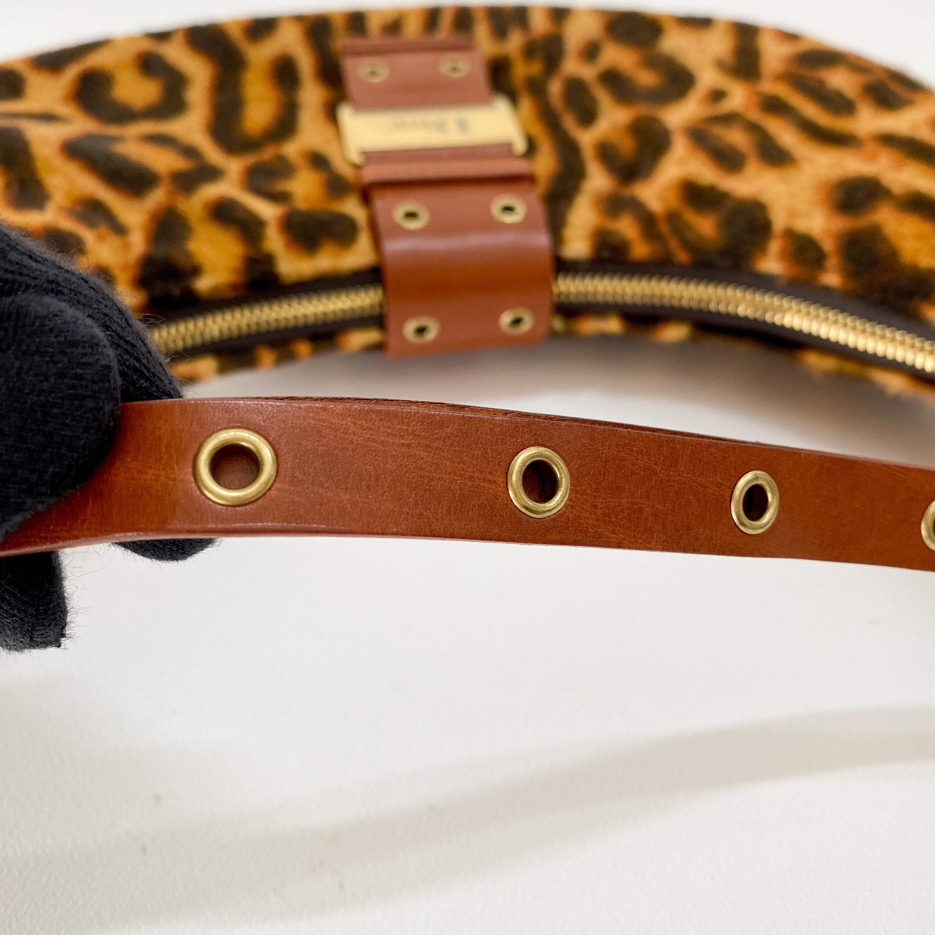 Half Moon Leopard Print Pony Hair Shoulder Bag