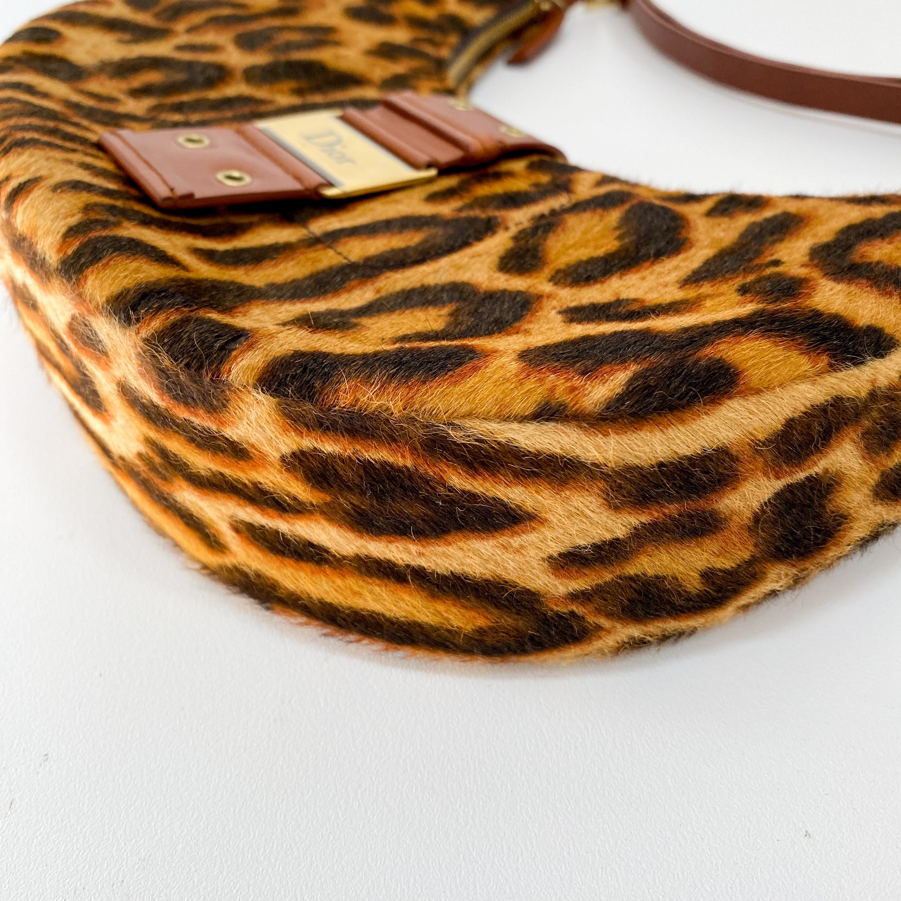 Half Moon Leopard Print Pony Hair Shoulder Bag