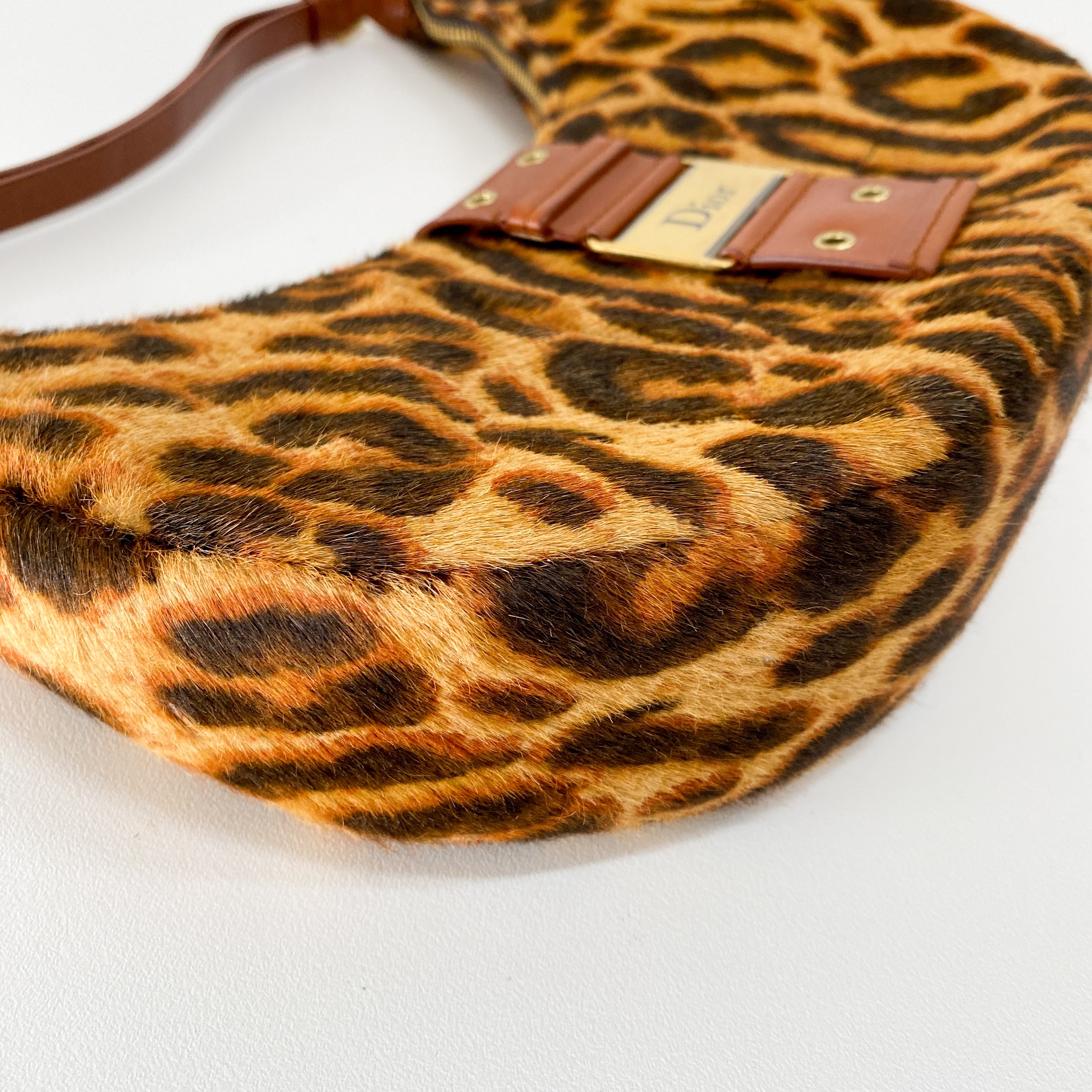 Half Moon Leopard Print Pony Hair Shoulder Bag